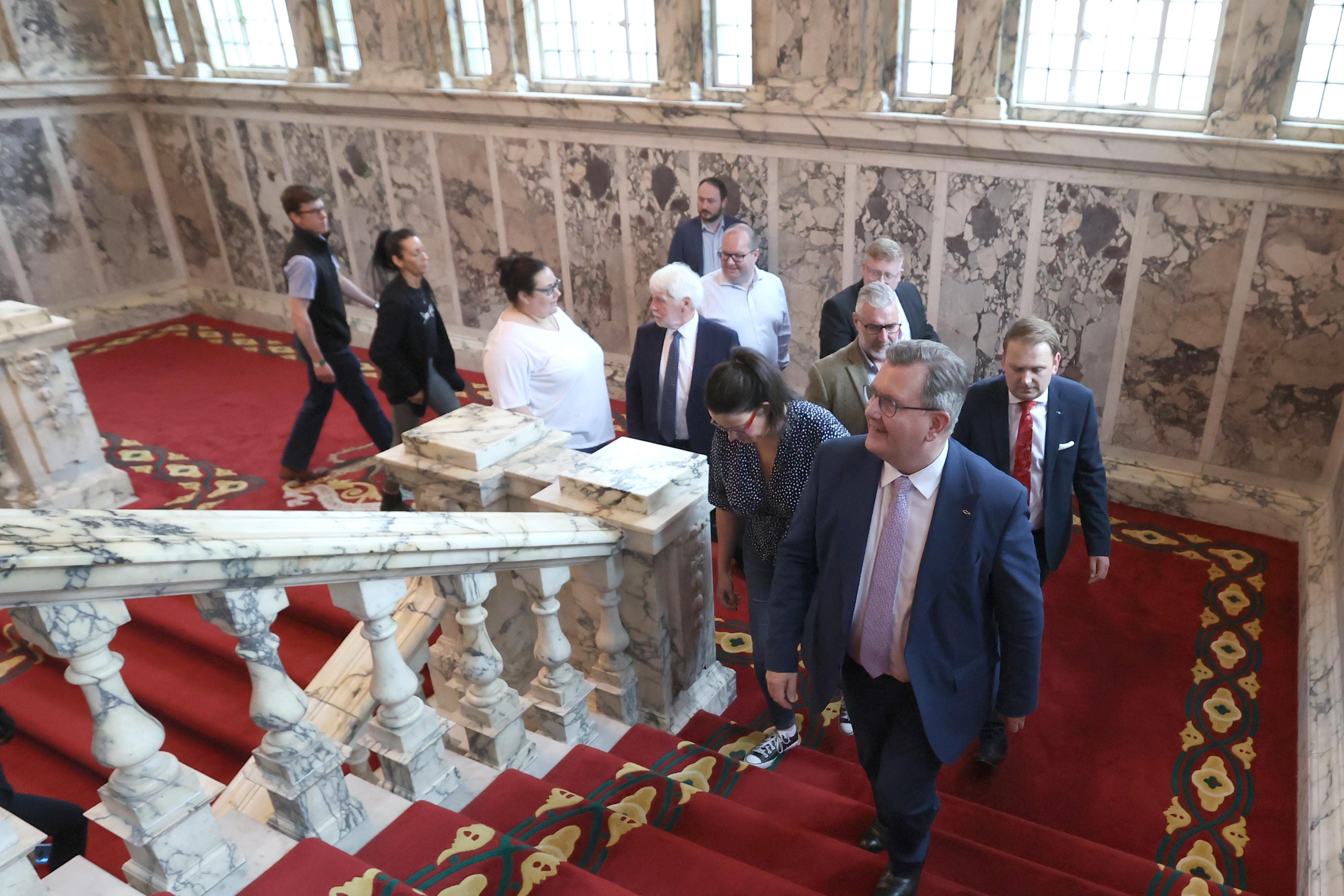 DUP leader Sir Jeffrey Donaldson arrives at Belfast City Hall during in the Northern Ireland council elections. (Liam McBurney/PA)