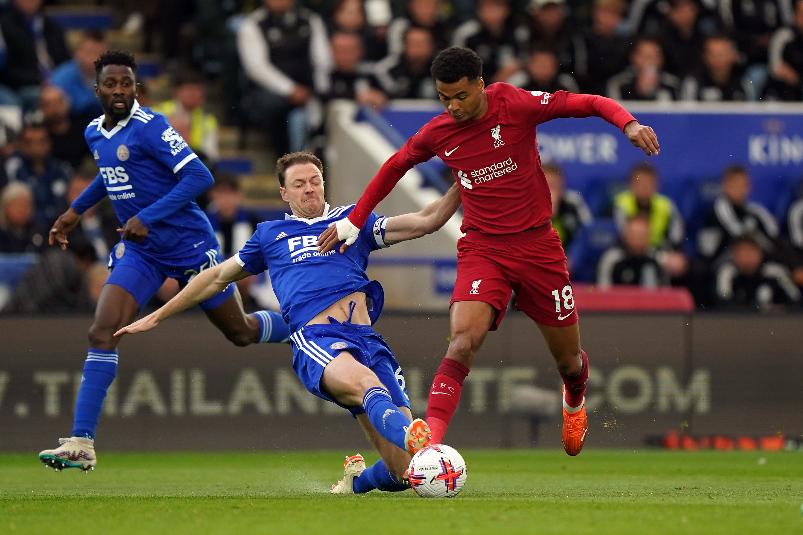 Leicester’s Jonny Evans made his first Premier League start in seven months against Liverpool. (Tim Goode/PA)