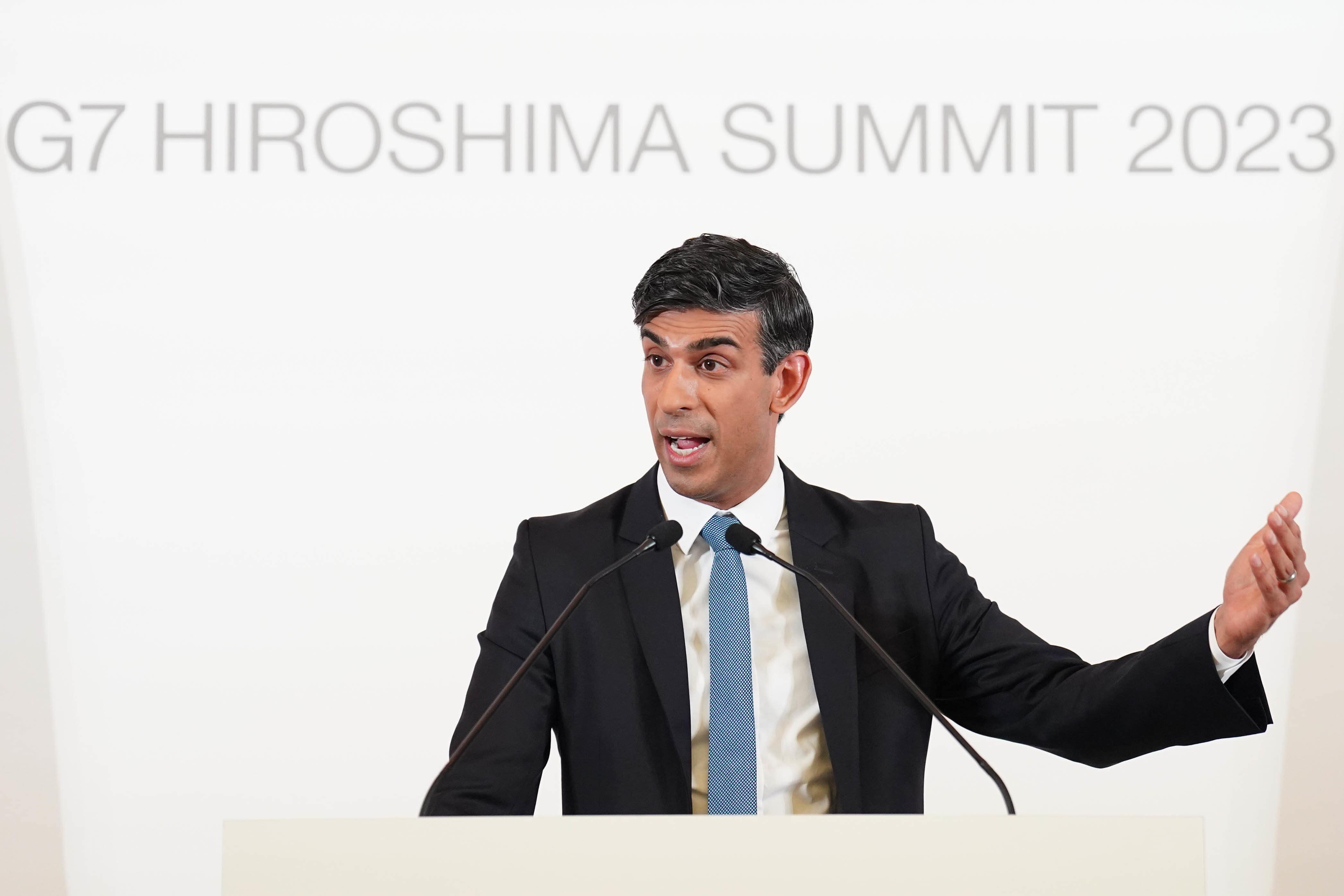 Prime Minister Rishi Sunak at a press conference at the International Conference Centre during the G7 Summit in Hiroshima, Japan. Picture date: Sunday May 21, 2023.