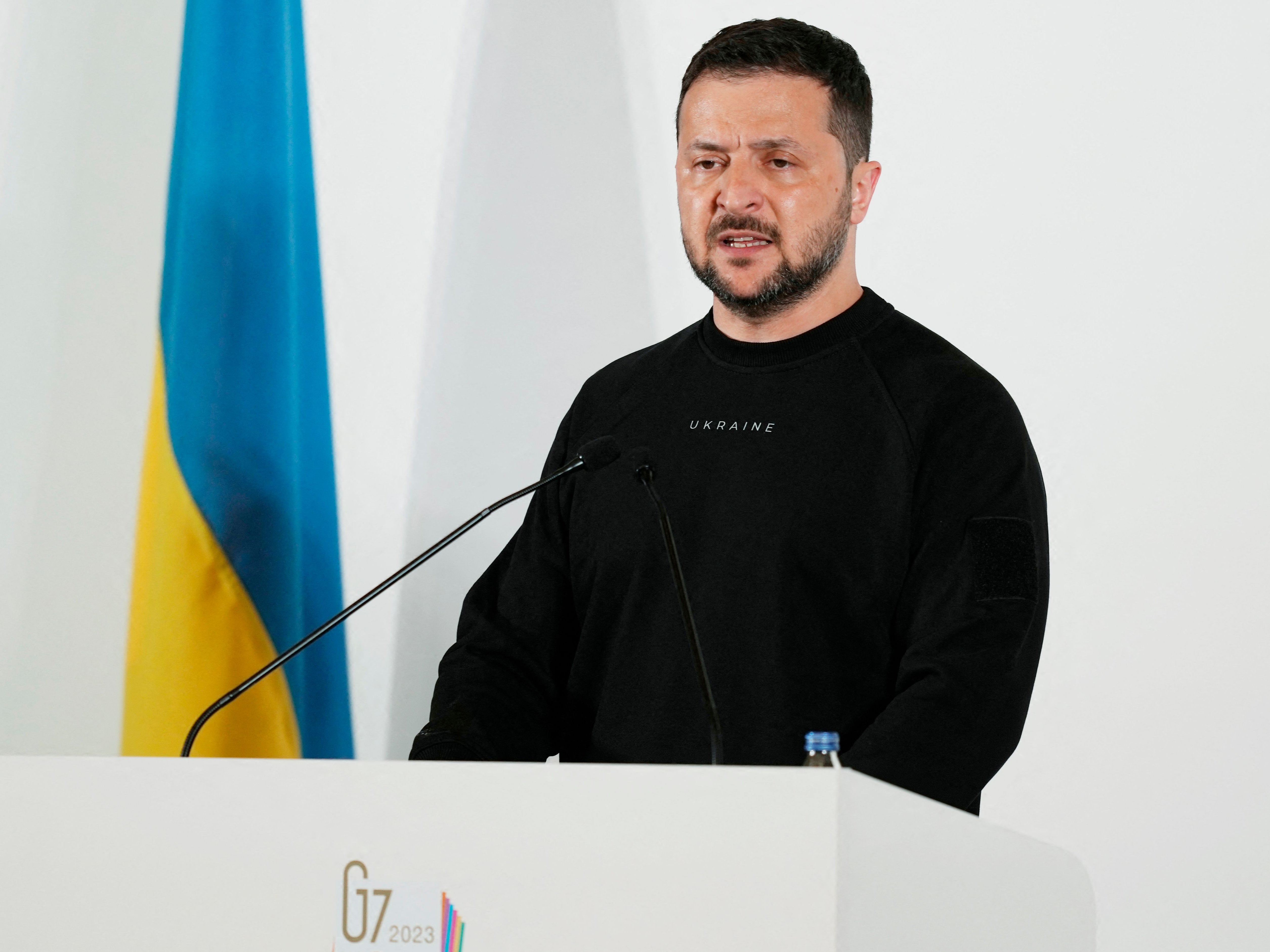 Volodymyr Zelensky speaks during a news conference following the G7 leaders’ summit in Hiroshima on Sunday