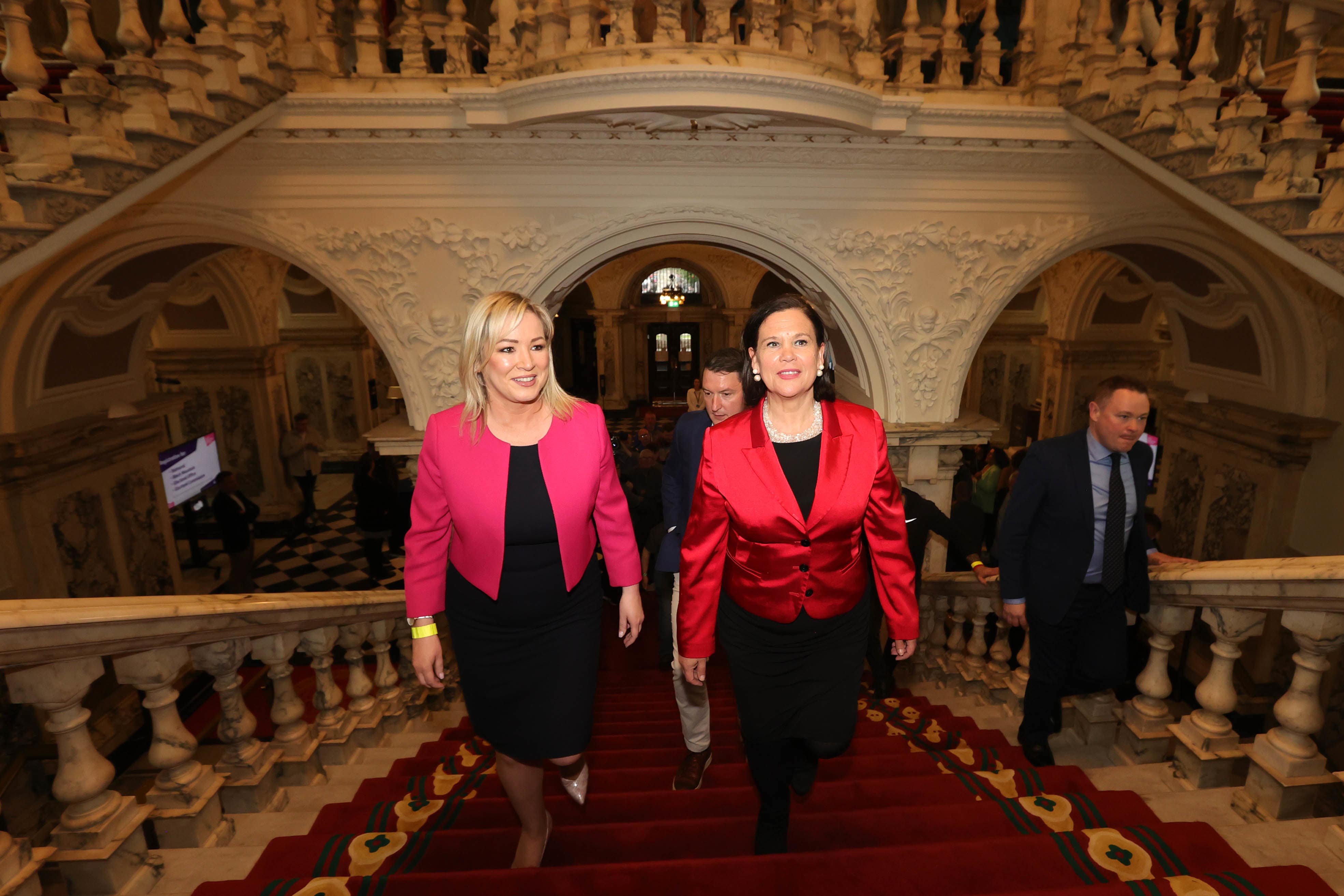 Sinn Fein vice president Michelle O’Neill (left) and president Mary Lou McDonald as the party celebrated success in the local government elections (Liam McBurney/PA)