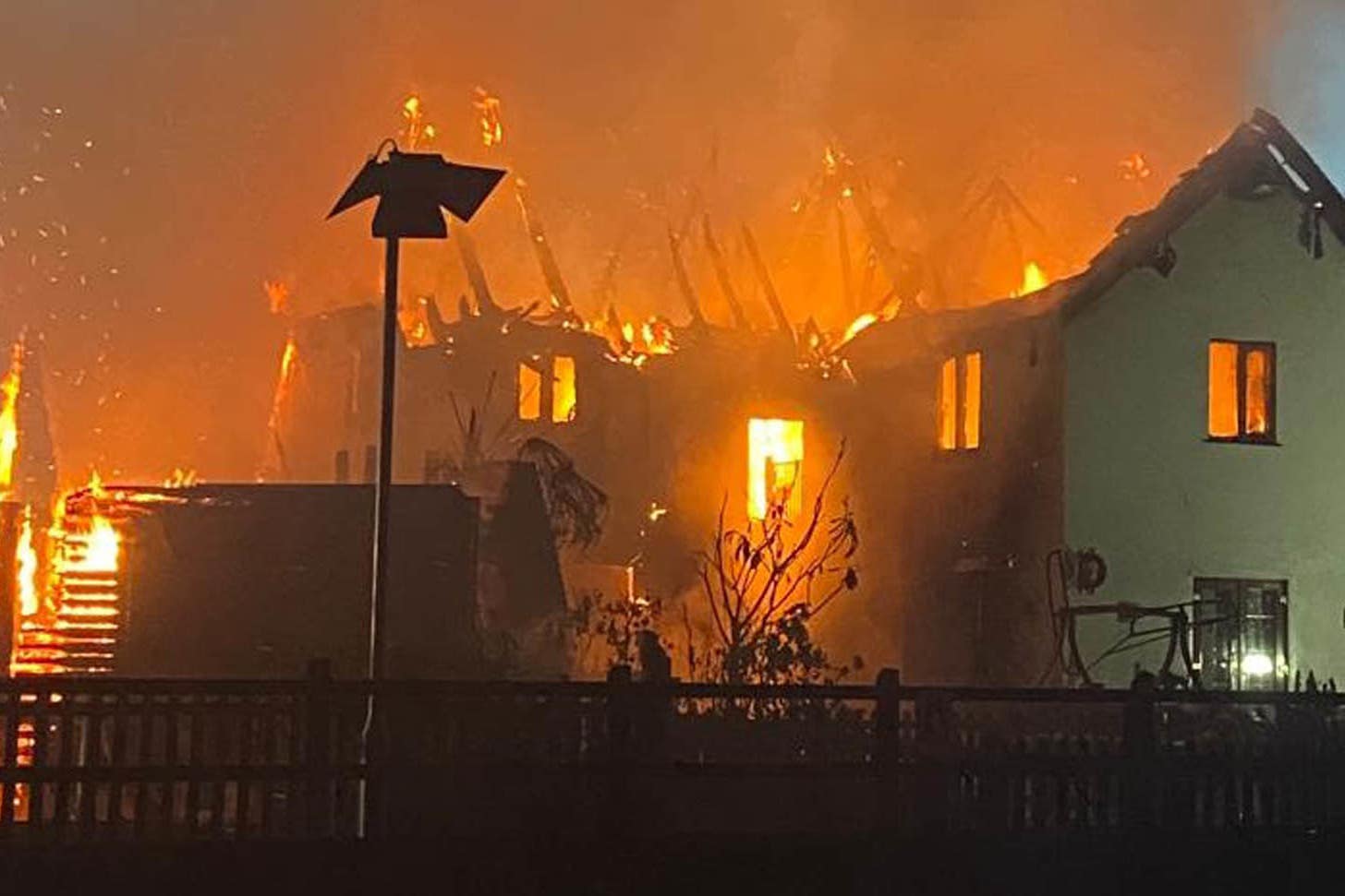 Photo taken with permission from the Twitter account of @ECFRS of a house fire in Dunmow Road, Takeley, Essex (Essex Fire Service/PA)