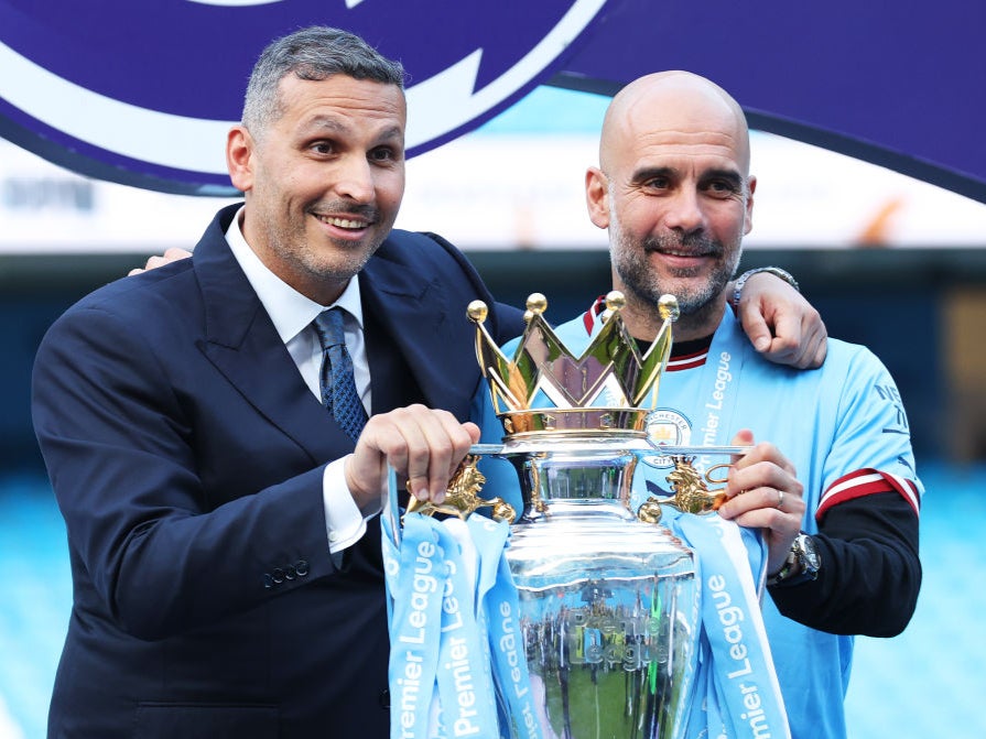 Khaldoon Al Mubarak, chairman of Manchester City, with Pep Guardiola