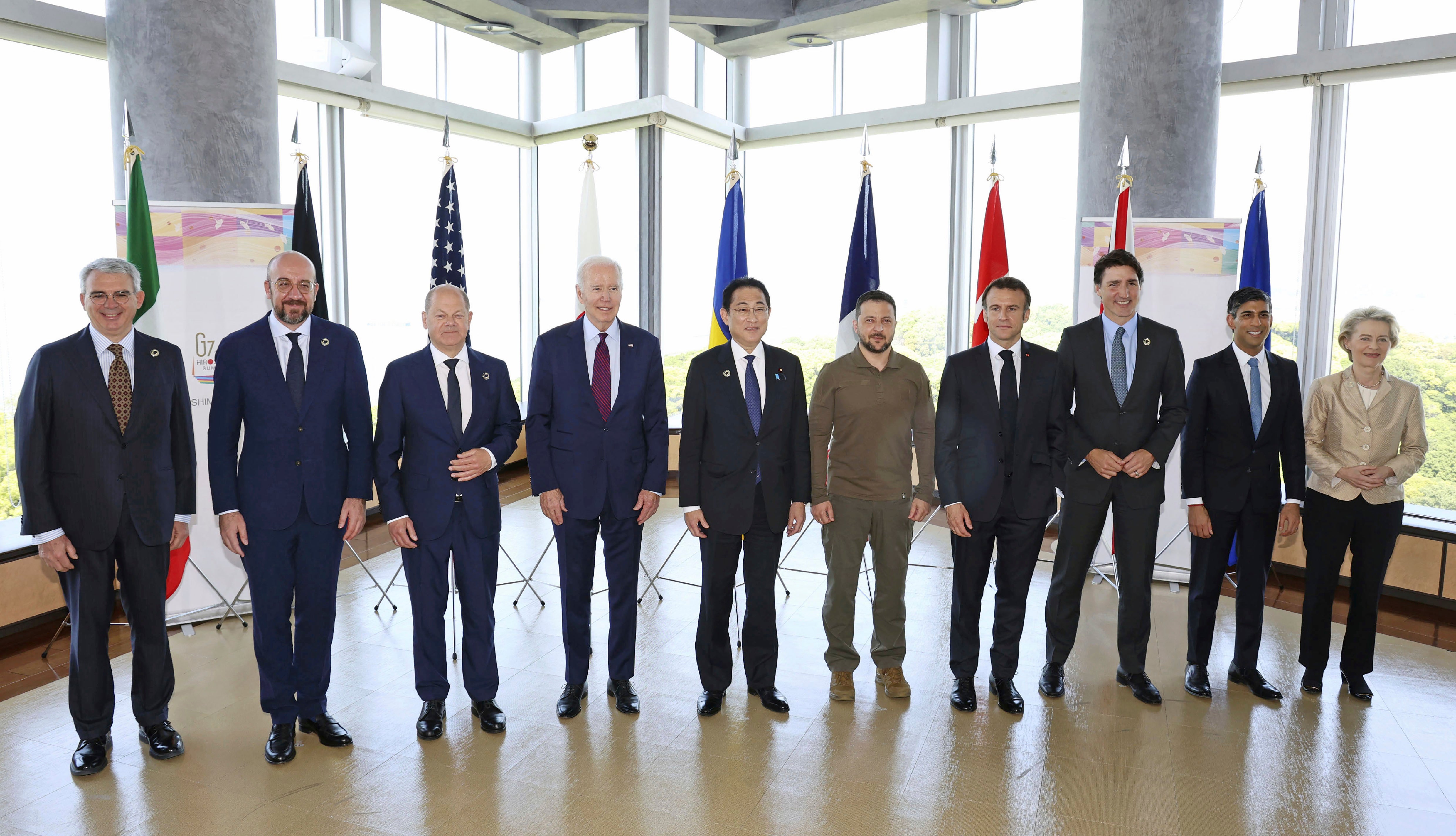 Volodymyr Zelensky, sixth from the left, with the leaders of the G7 at the weekend