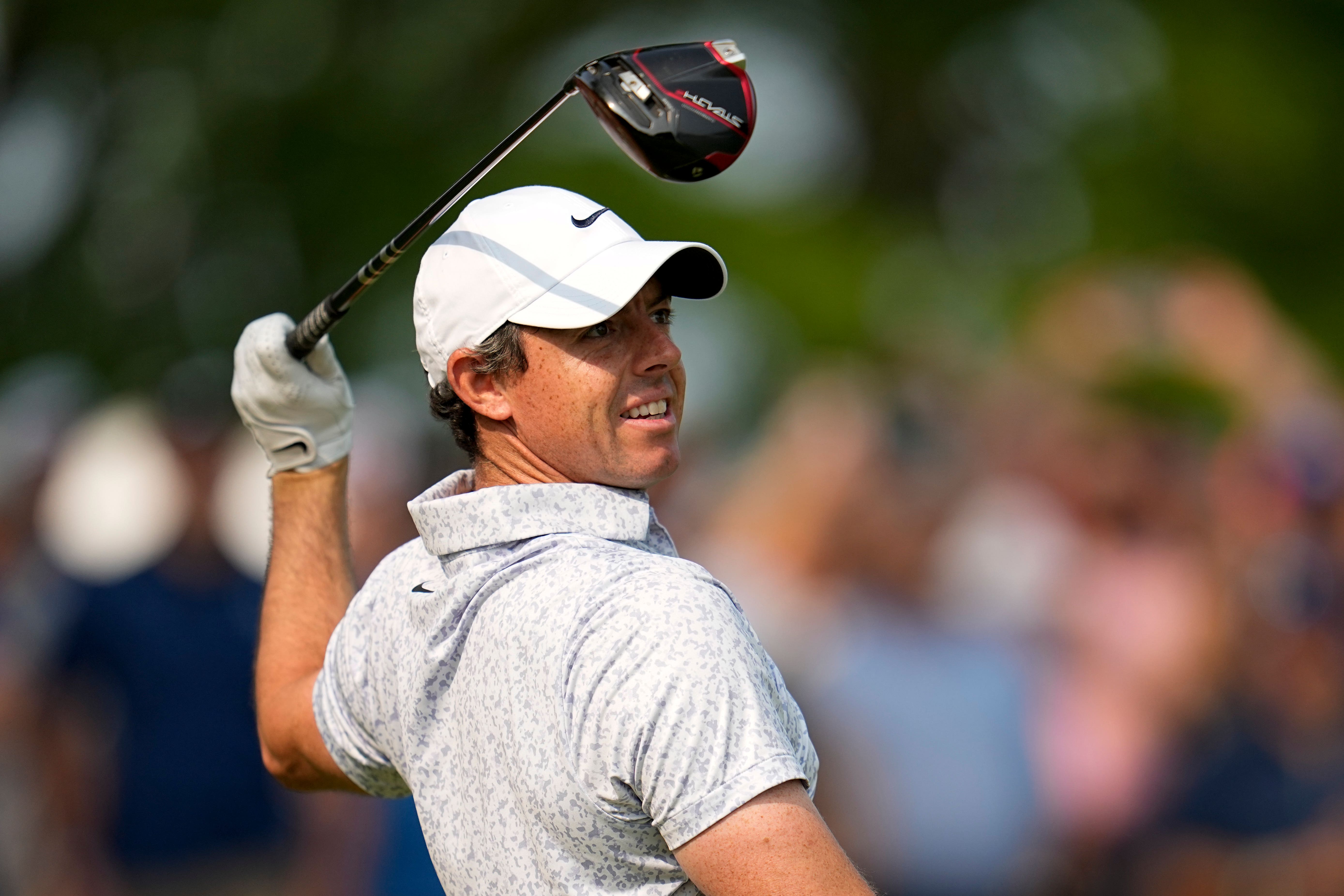 Rory McIlroy watches his tee shot on the 14th hole during the final round of the US PGA Championship (Abbie Parr/AP)