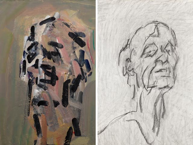 <p>Frank Auerbach’s Self Portrait VII, acrylic on board (left), and Self Portrait 2022-2023, graphite on paper</p>