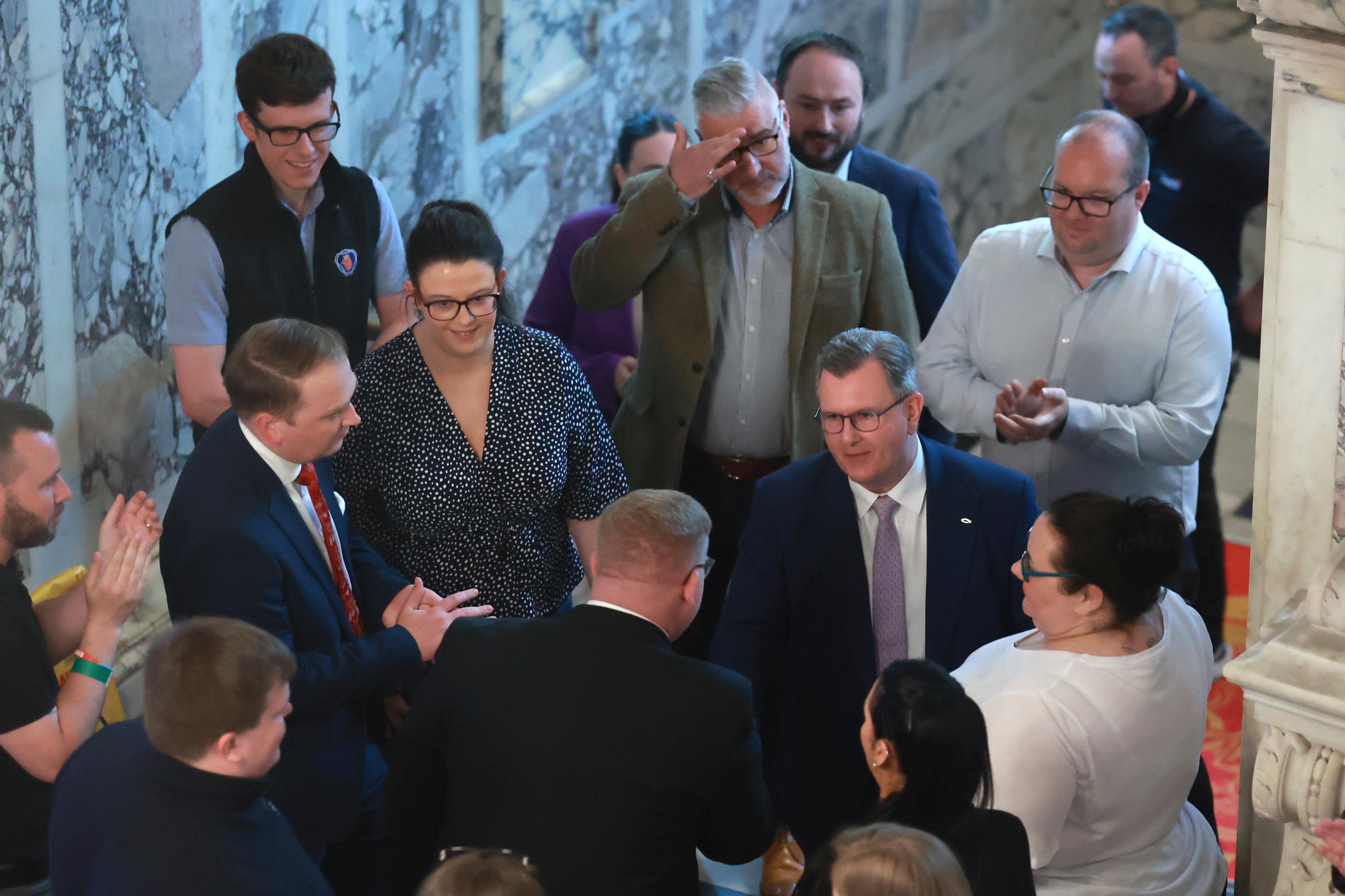 DUP leader Sir Jeffrey Donaldson at the weekend election count in Belfast (Liam McBurney/PA)