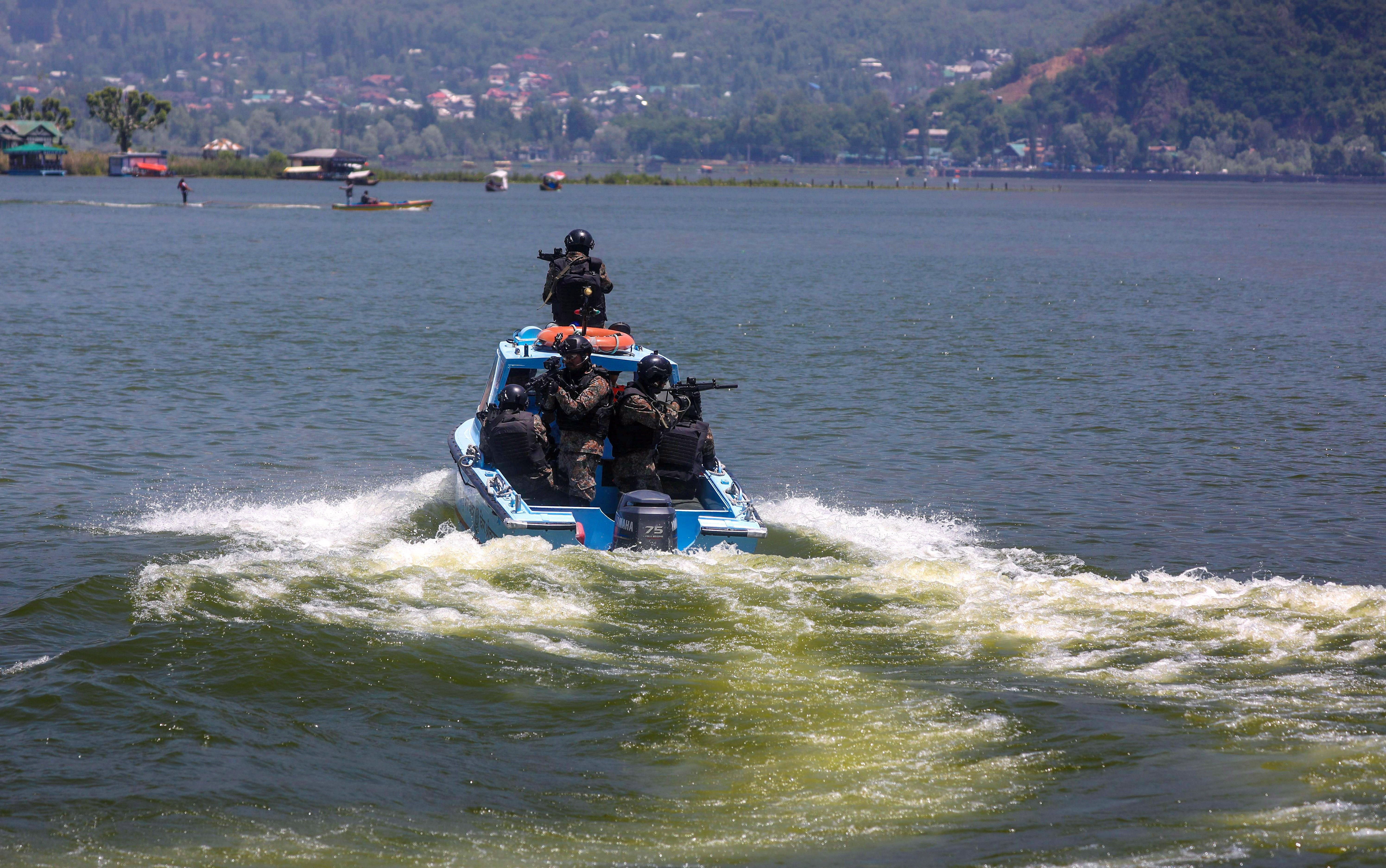 Central Reserve Police Force holds a special drill at Dal Lake ahead of G20 meeting