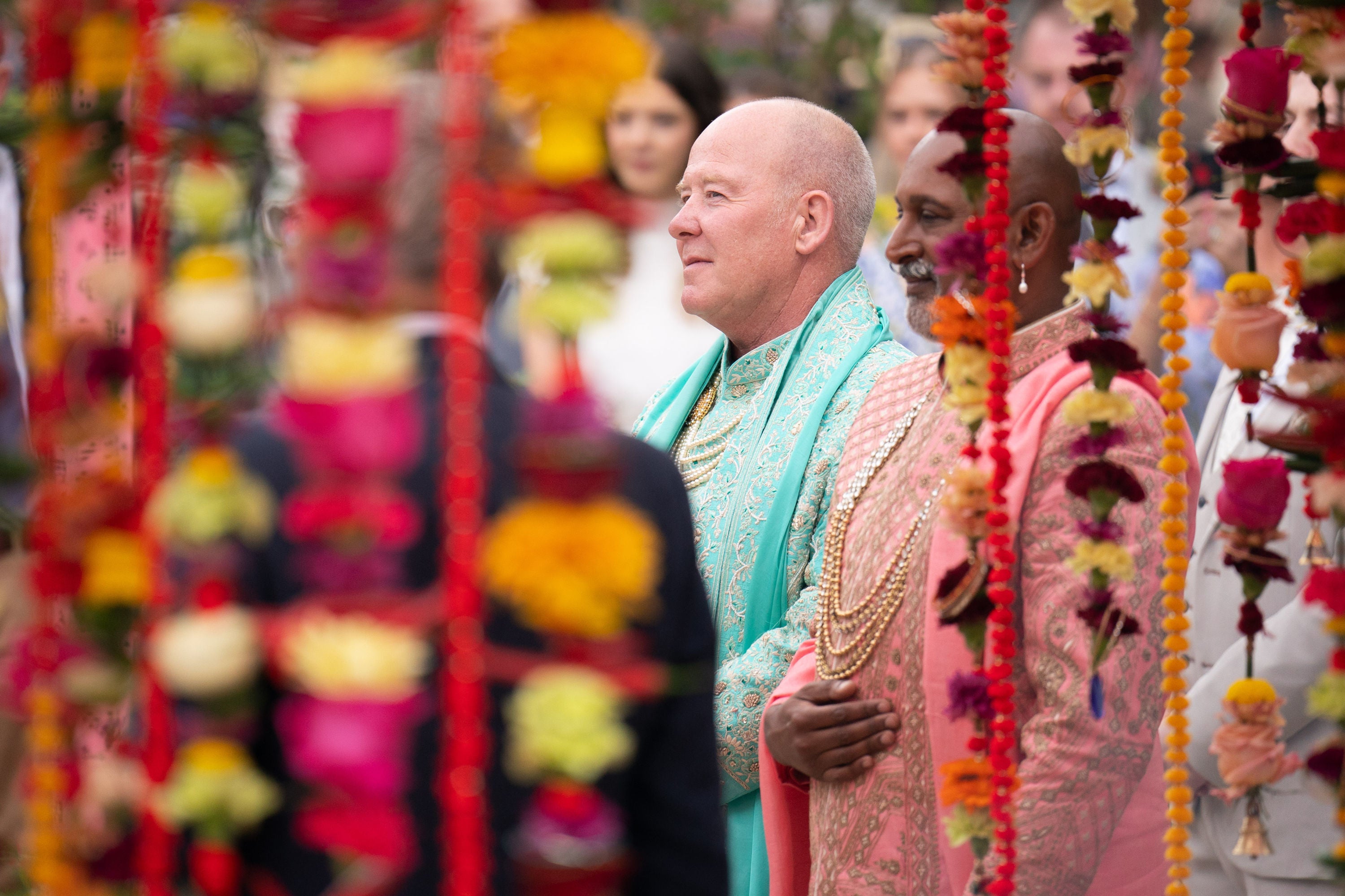 Clive Gillmor and Manoj Malde, take part in the first ever wedding ceremony to be held at the RHS Chelsea Flower Show, at the Royal Hospital Chelsea, London