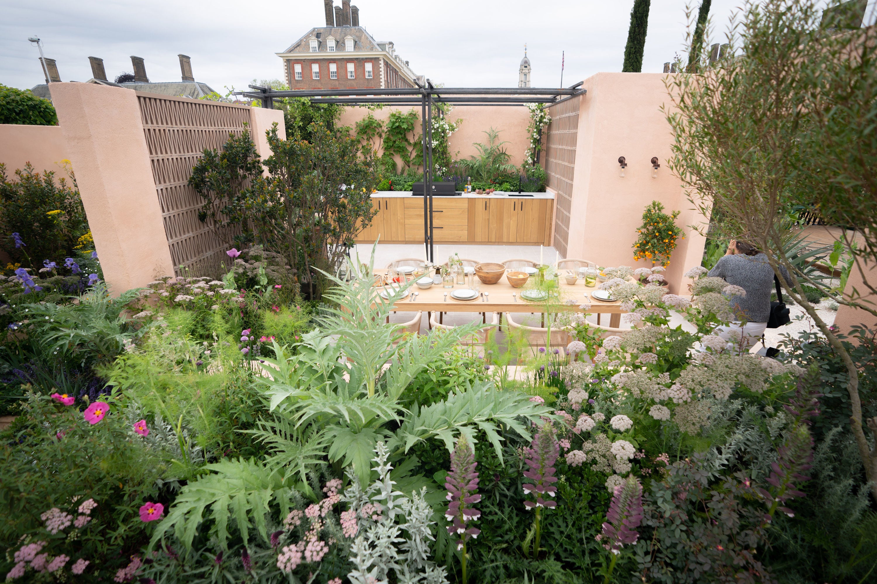 Hamptons Mediterranean Garden, during the RHS Chelsea Flower Show press day, at the Royal Hospital Chelsea, London