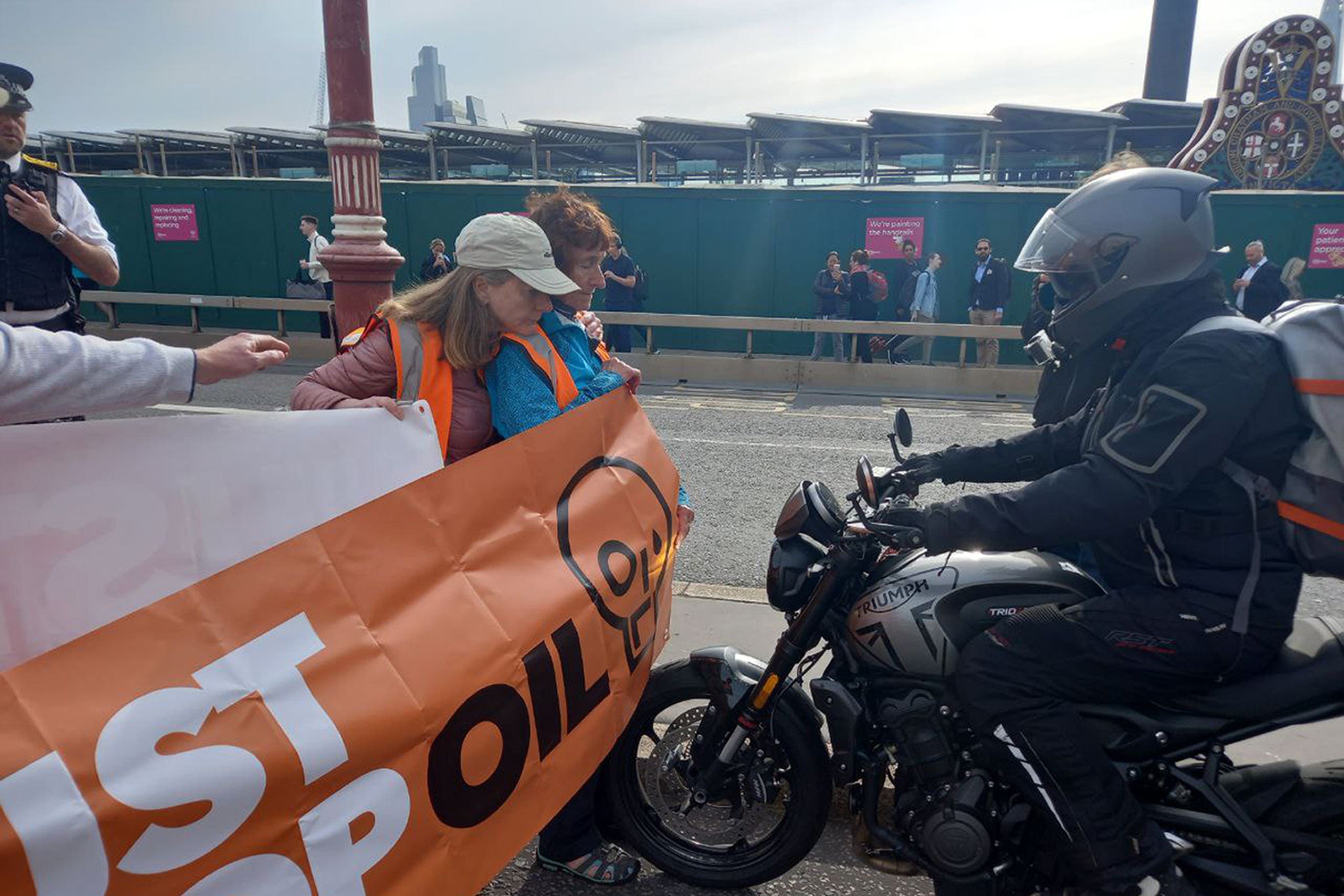 A motorcyclist tried to drive through the group of demonstrators (Just Stop Oil/PA)