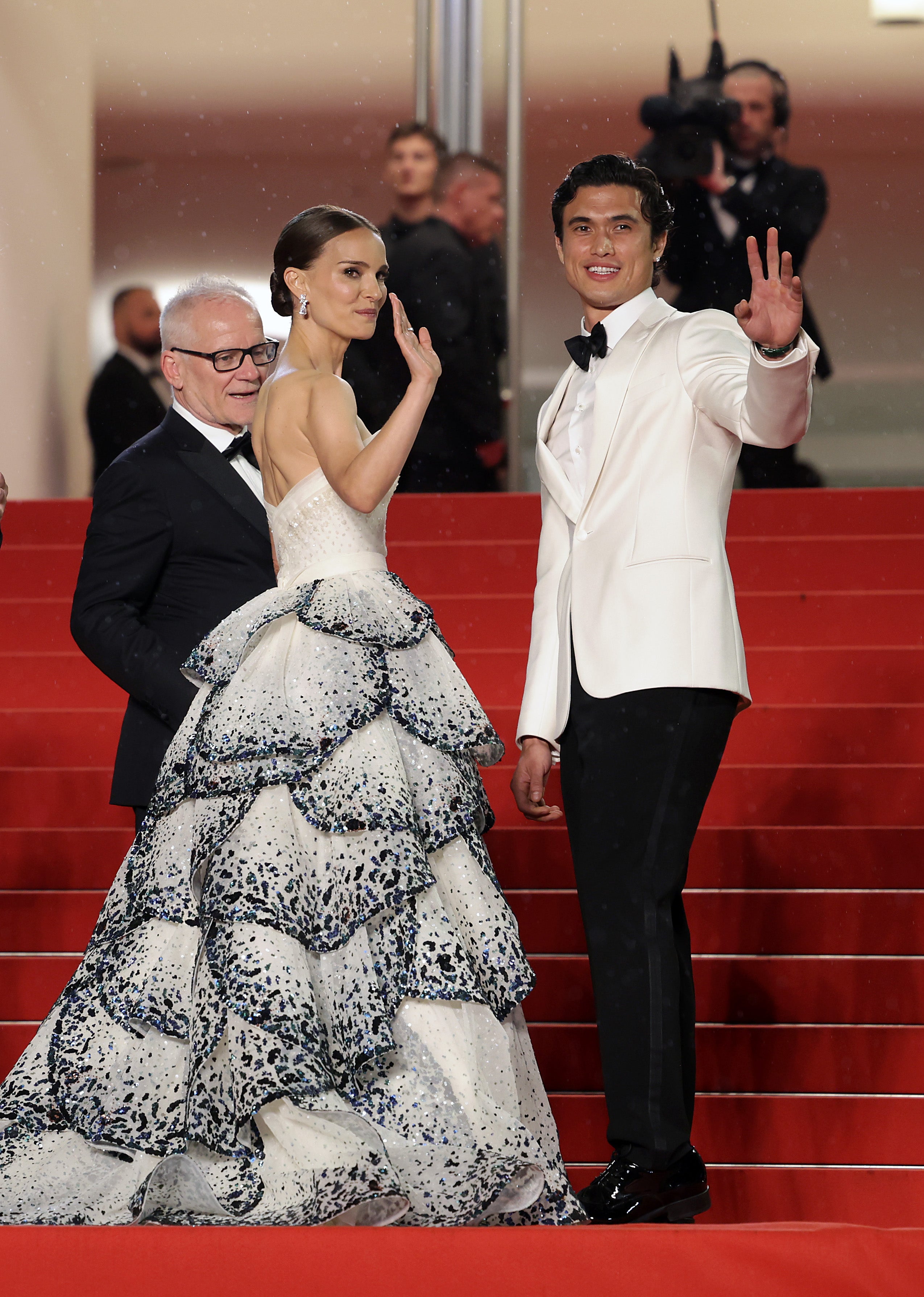 Thierry Fremaux, Natalie Portman and Charles Melton attend the “May December” red carpet during the 76th annual Cannes film festival at Palais des Festivals on May 20, 2023