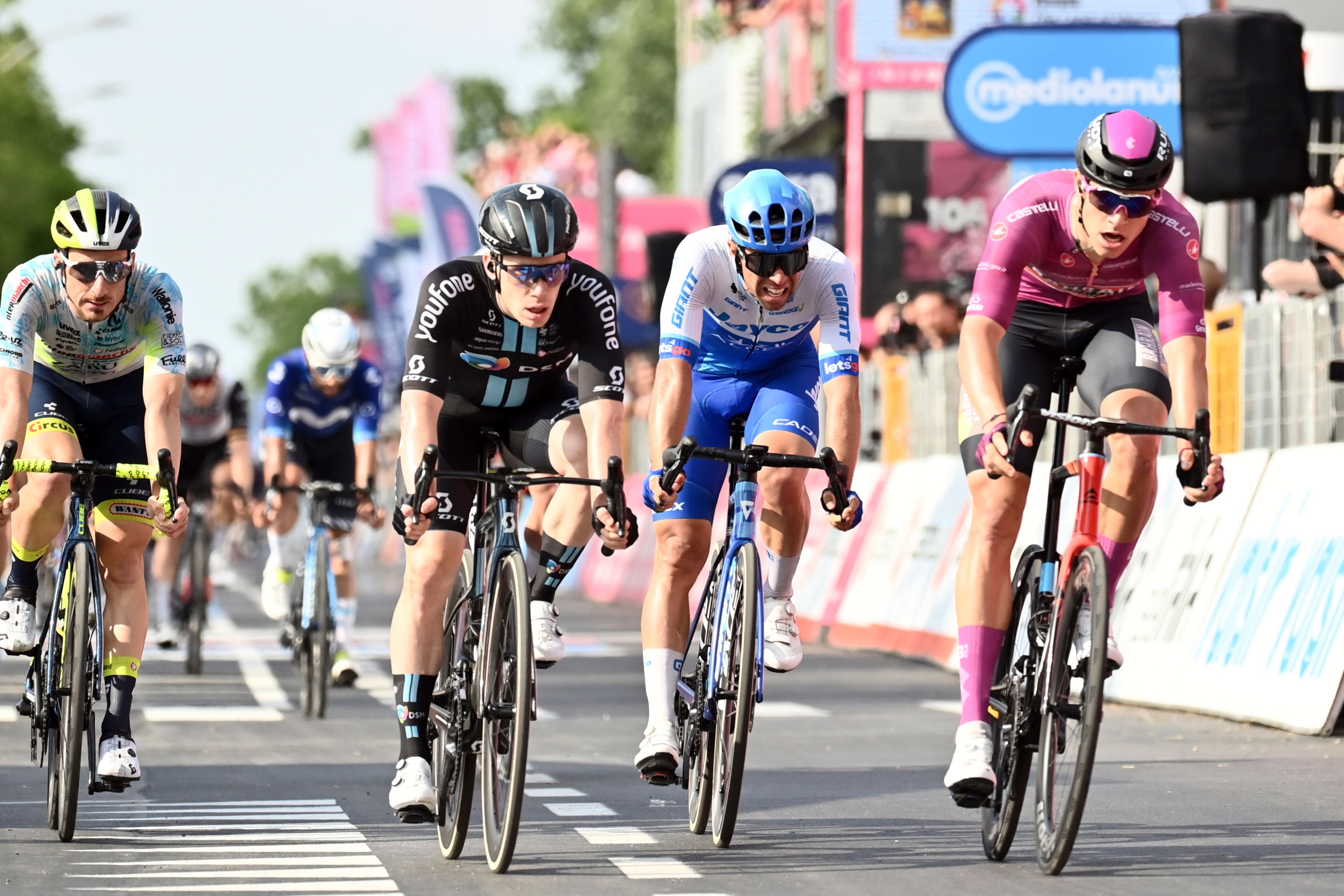 Alberto Dainese, second from left, won stage 17 of the Giro d’Italia in a photo finish (Massimo Paolone/AP)