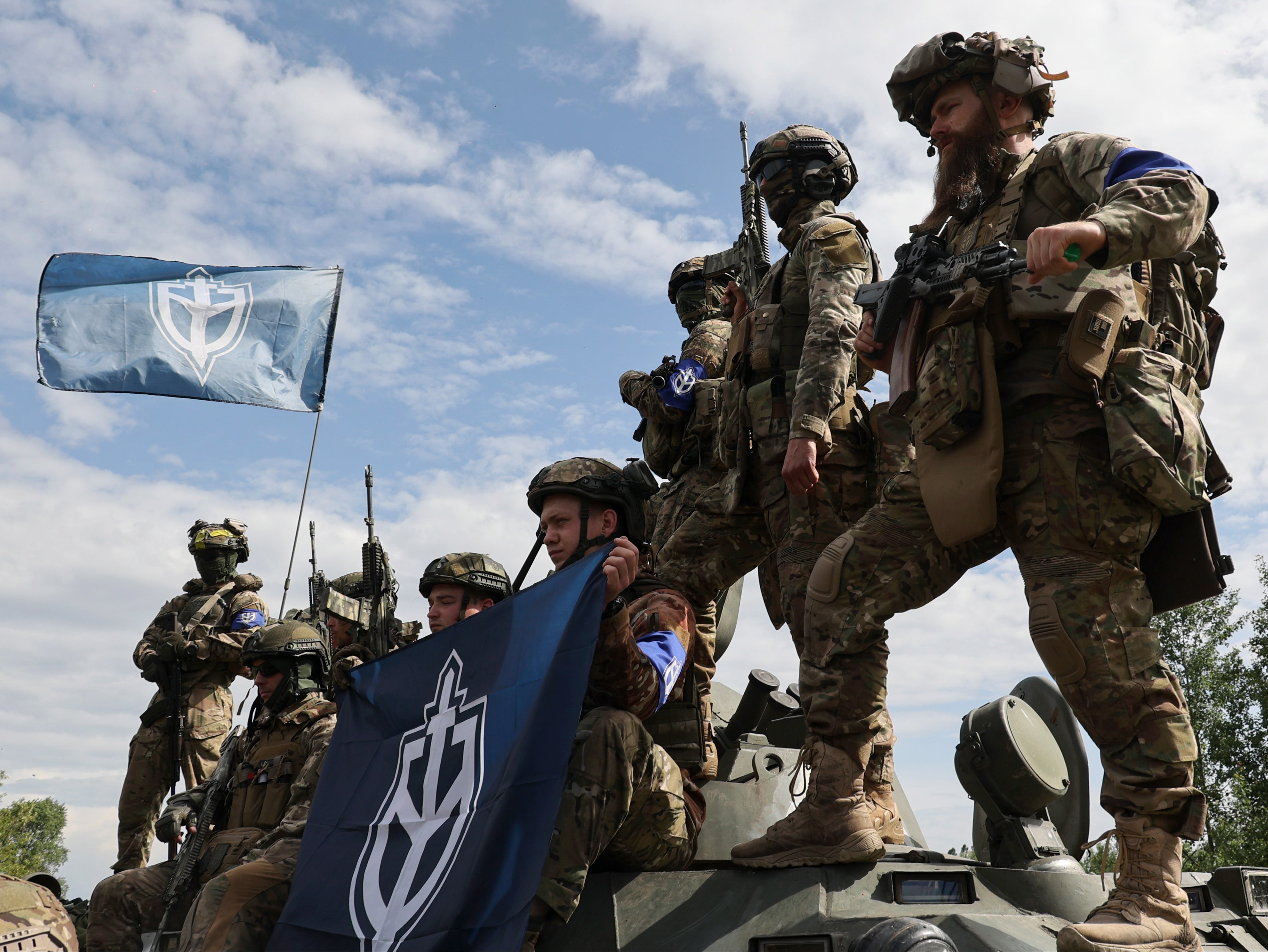 Members of the Russian Volunteer Corps and Freedom of Russia Legion at the northeastern border between Russia and Ukraine