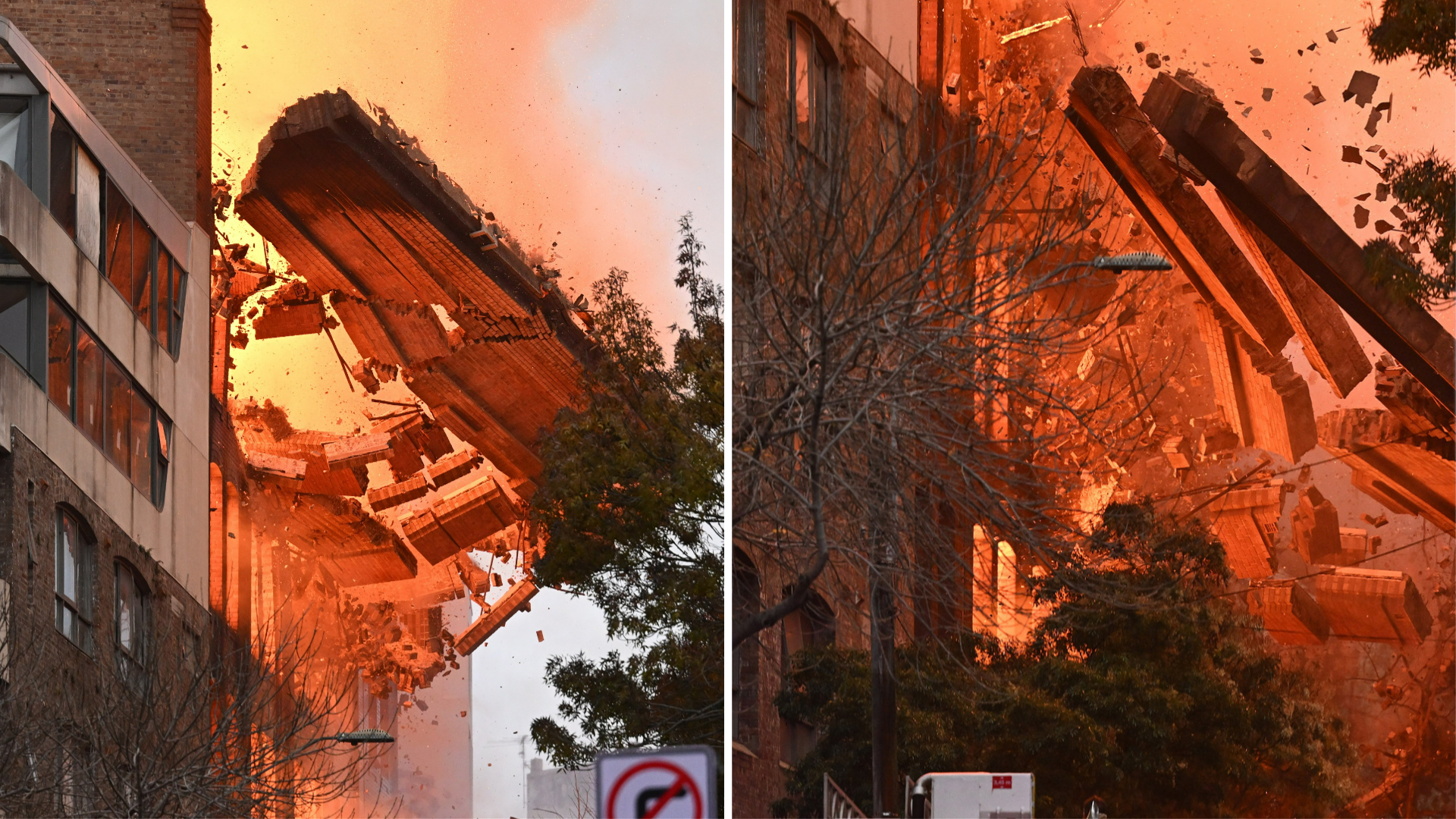 A wall collapses during a building fire in the Central Business District of Sydney, Australia