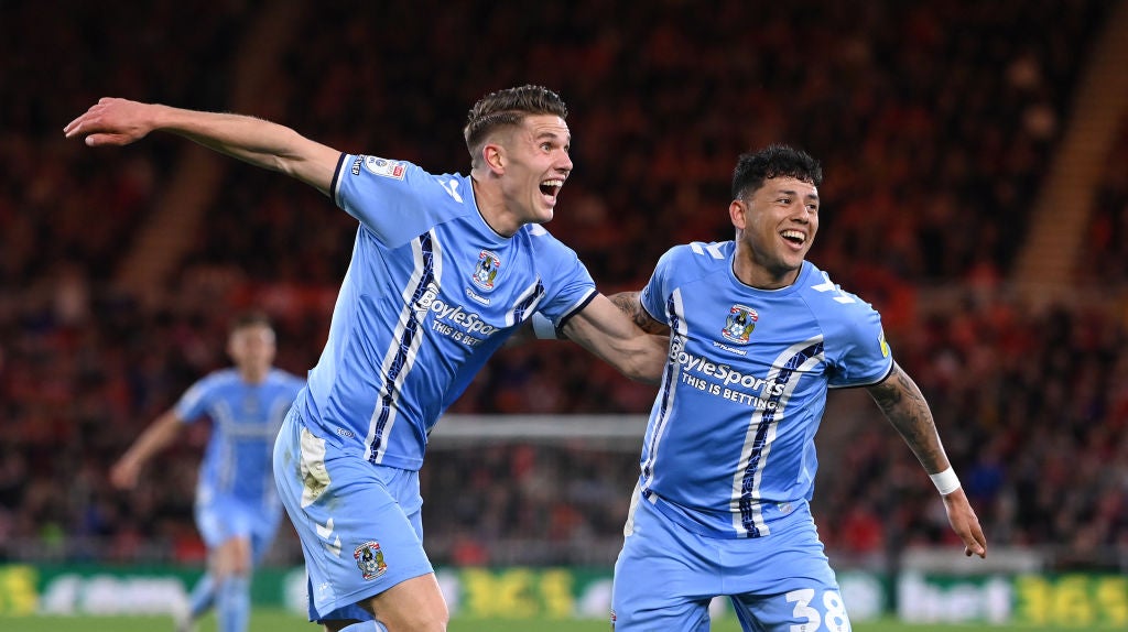 Coventry’s Viktor Gyokeres and Gustavo Hamer celebrate beating Middlesbrough in the semi-finals