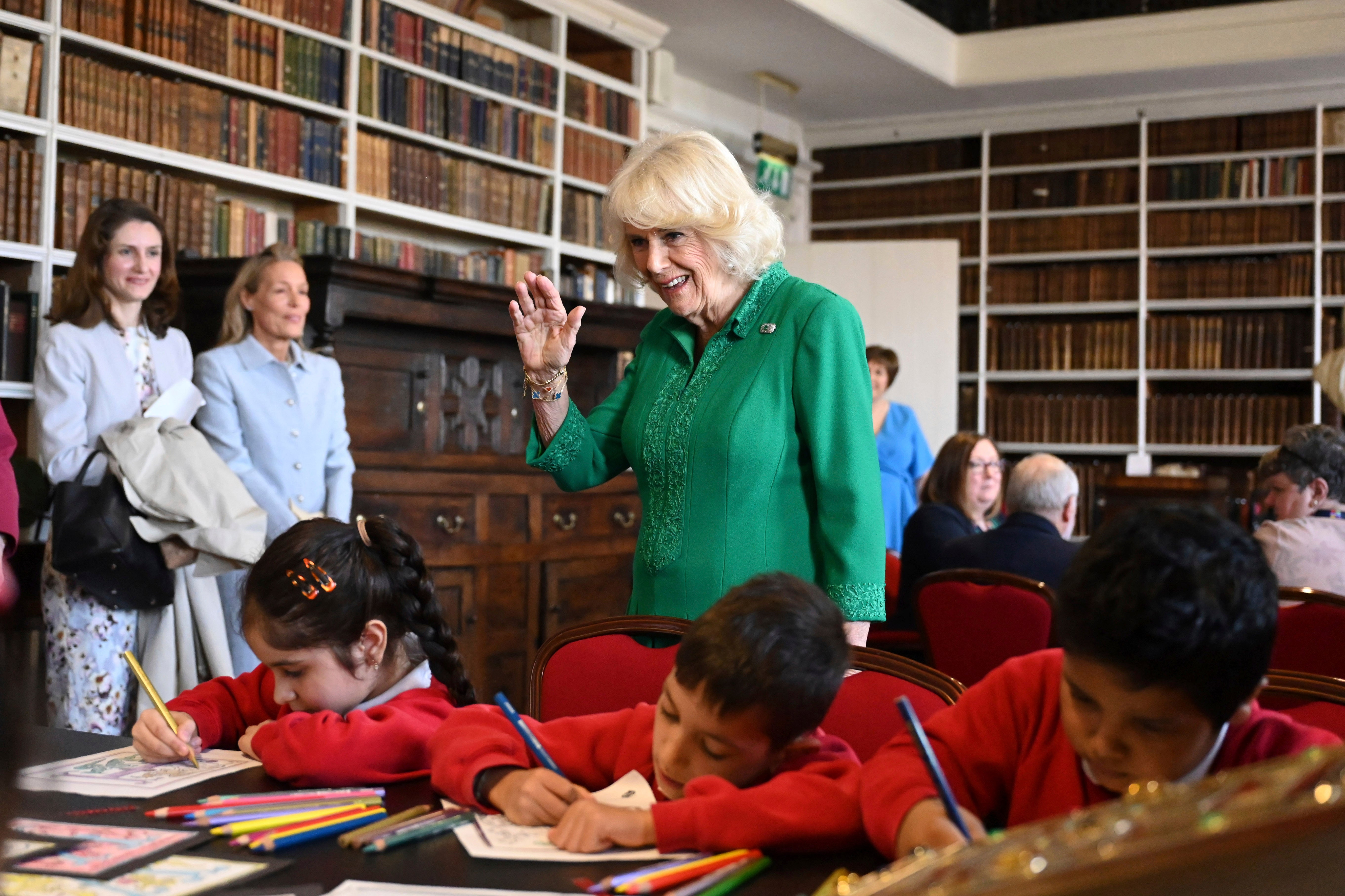 Queen Camilla visits Robinson Library, Armagh, Northern Ireland, as part of a two day visit to Northern Ireland with King Charles III, Thursday May 25, 2023