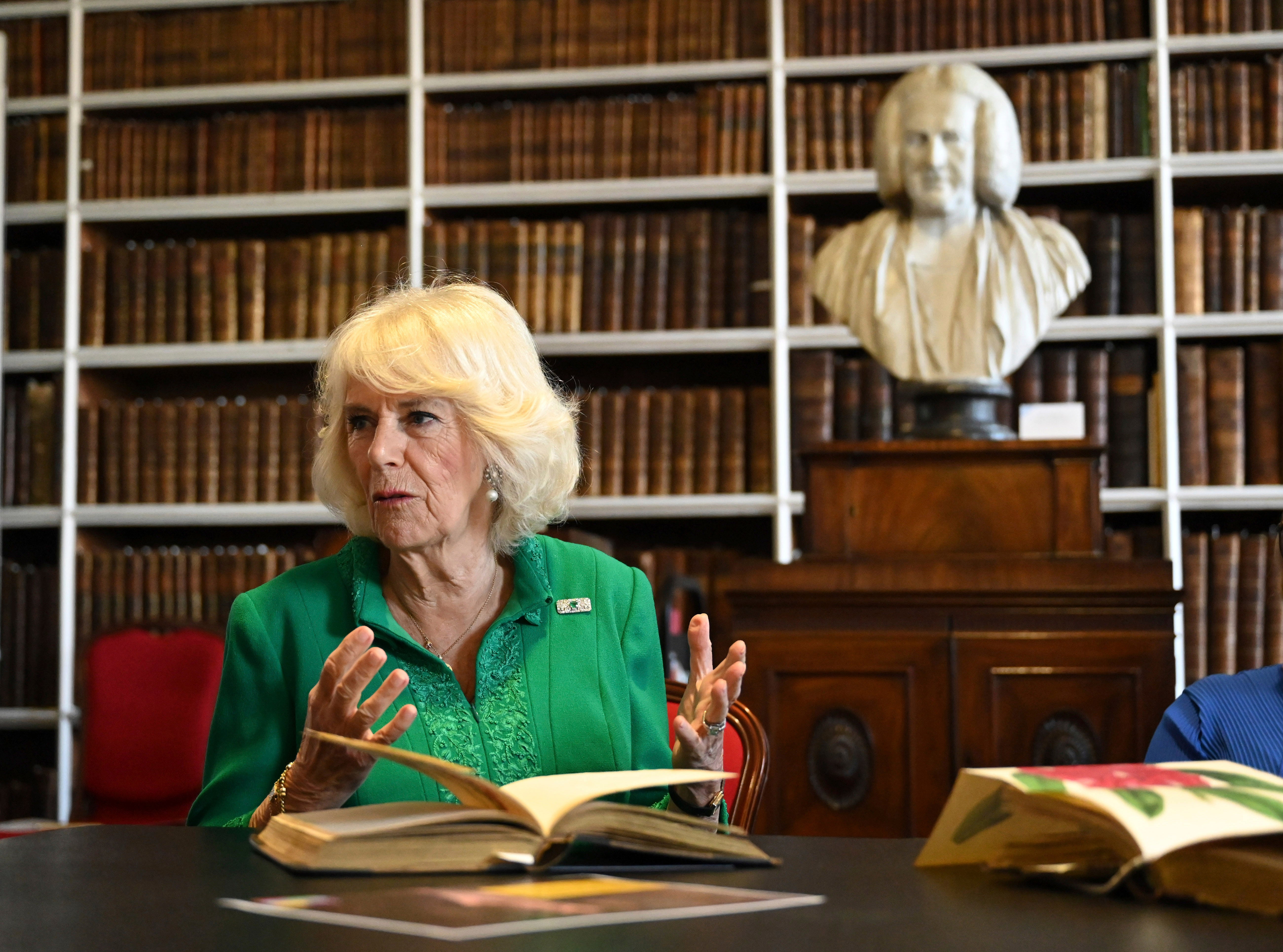 Queen Camilla visits Robinson Library, Armagh, Northern Ireland, as part of a two day visit to Northern Ireland with King Charles III, Thursday May 25, 2023