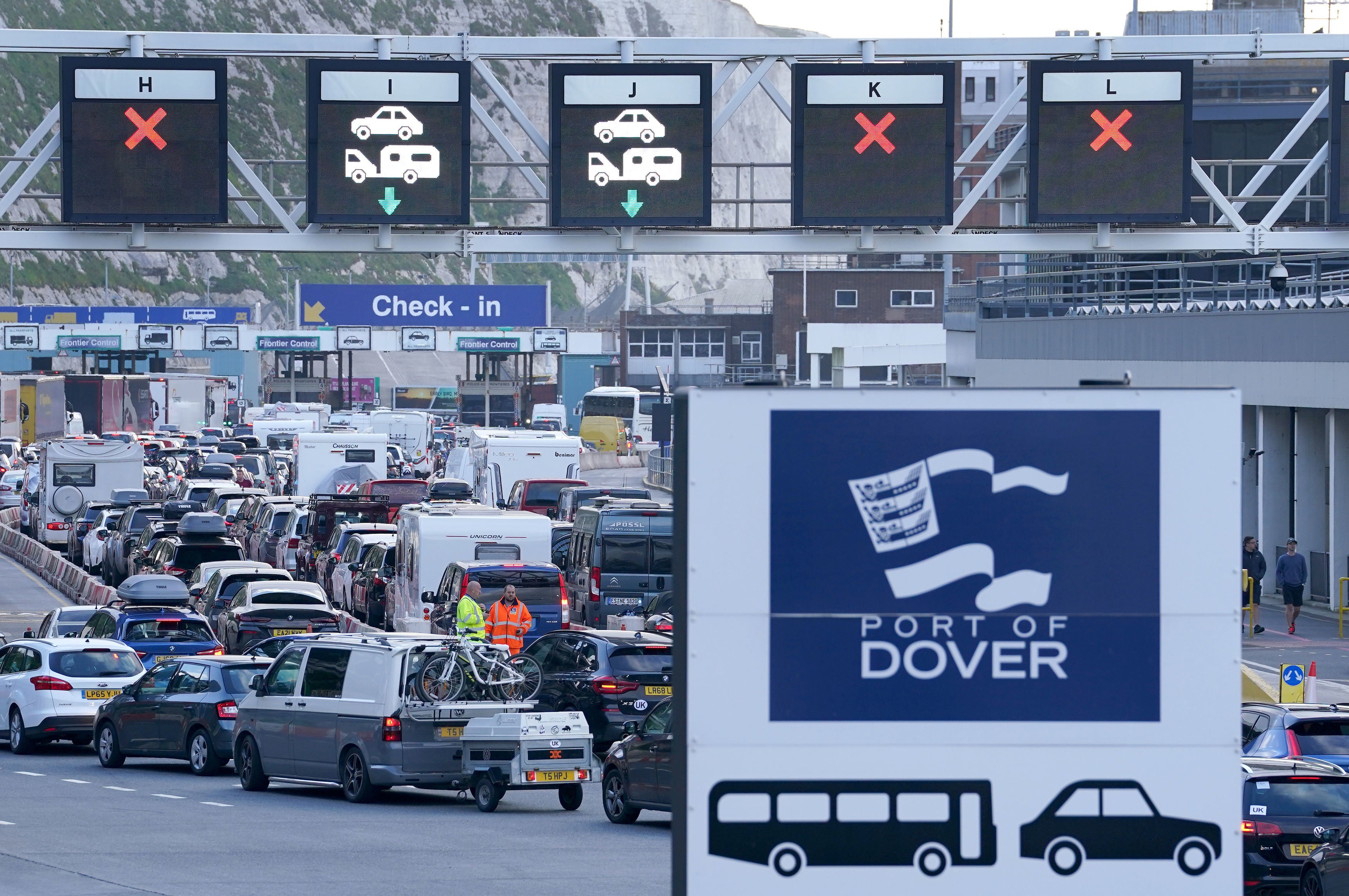 Traffic queues for ferries at the Port of Dover in Kent