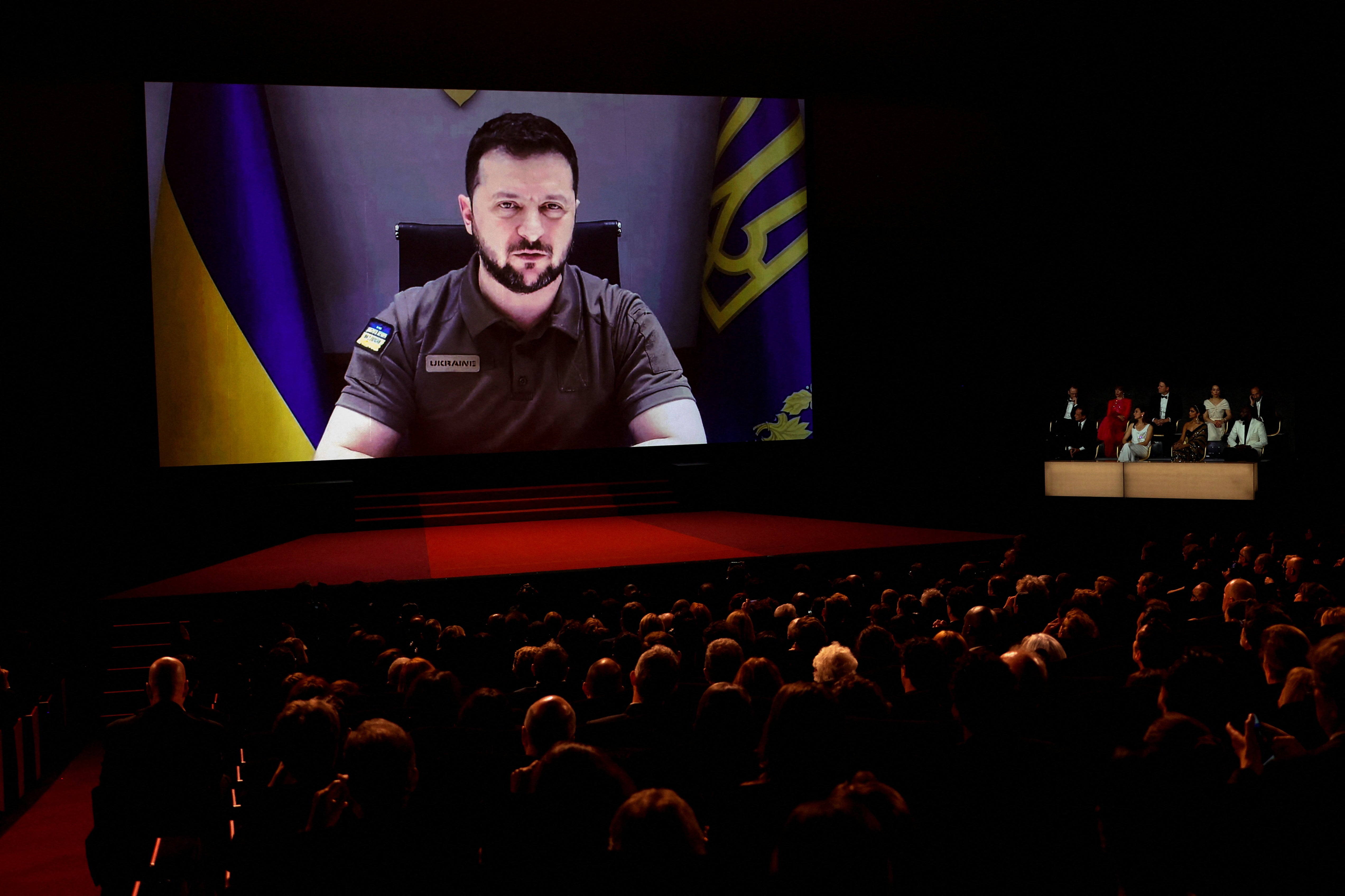 Ukraine's president Volodymyr Zelensky delivers a video address at the 75th Cannes on 17 May 2022