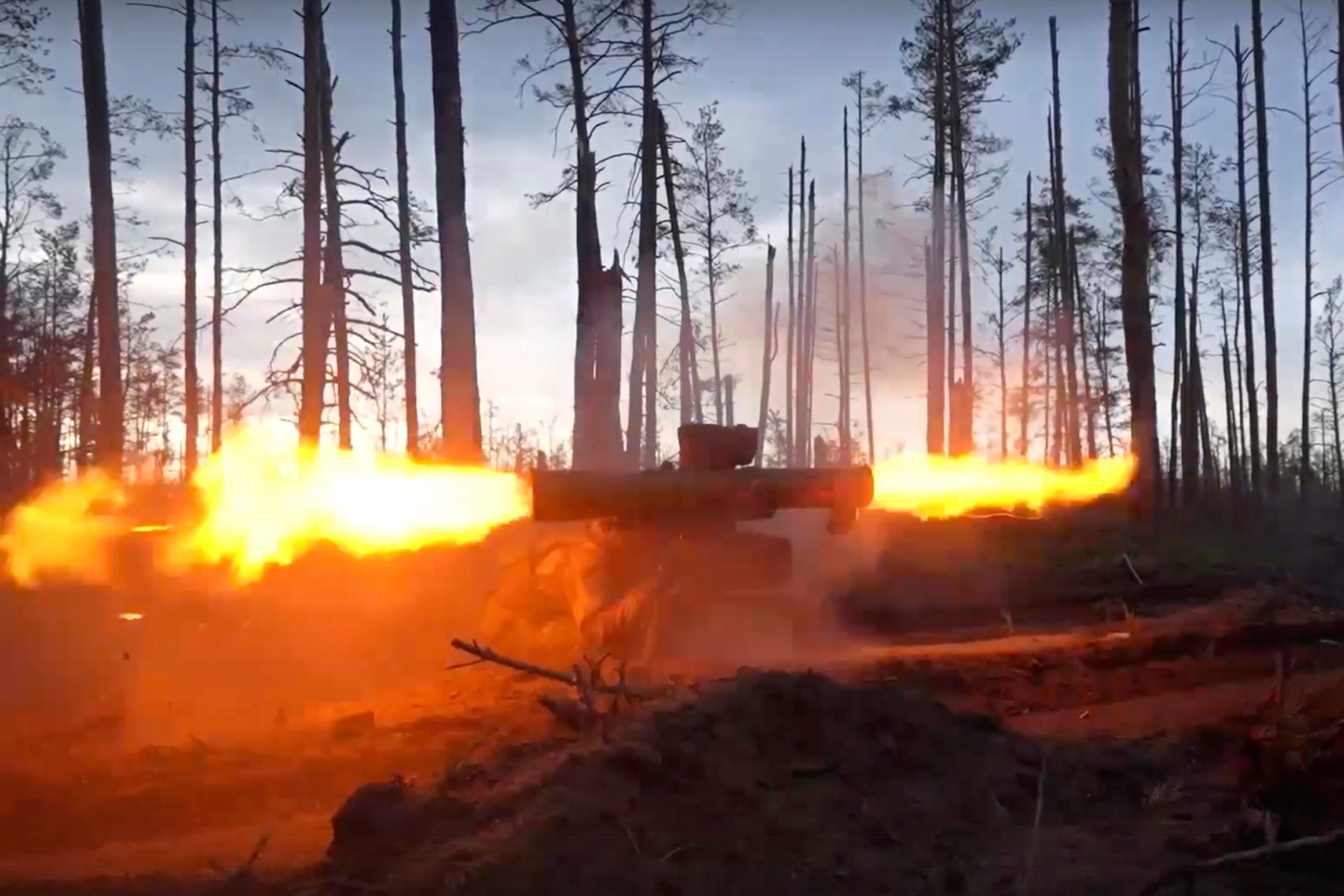 A Russian soldier fires an anti tank weapon on the frontline in Ukraine