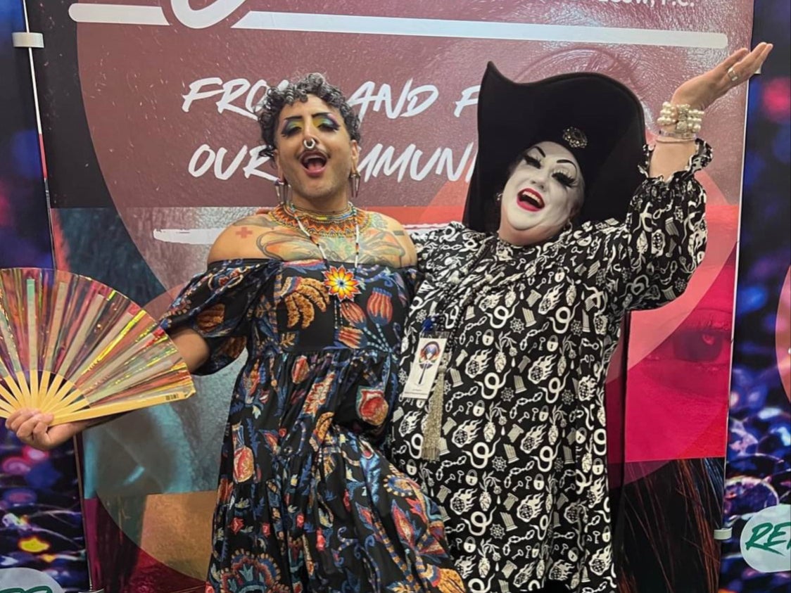 Sister Electra-Complex, right, modelling the headdress of the LA chapter (known as a ‘hoobie-doobie’)