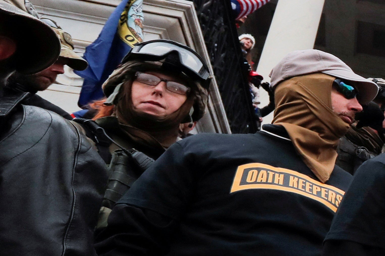 Jessica Watkins, left, appears with members of the Oath Keepers on 6 January, 2021 at the US Capitol.