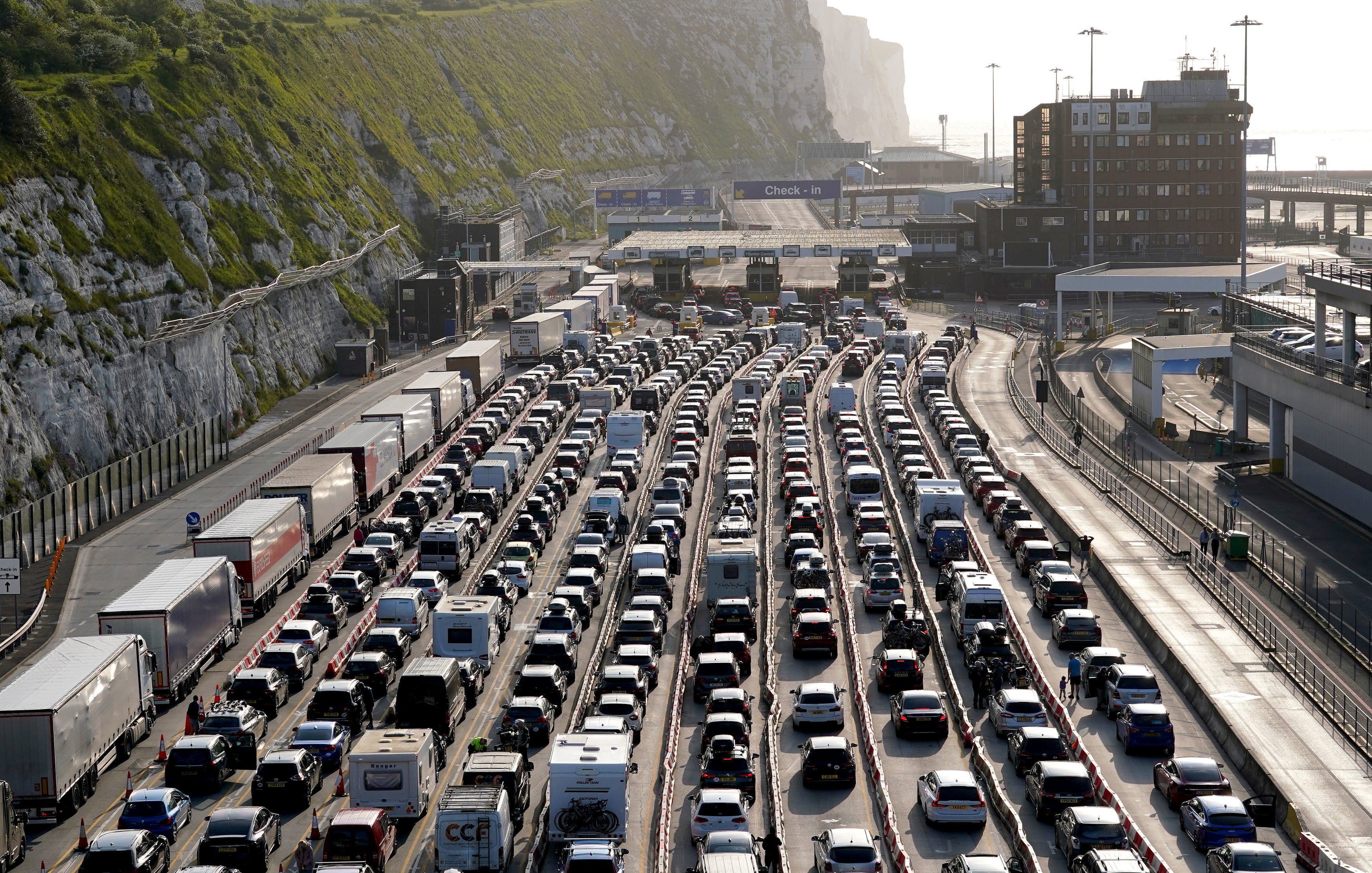 Passengers queue for ferries at the Port of Dover in Kent as the getaway for half term and the bank holiday weekend continues