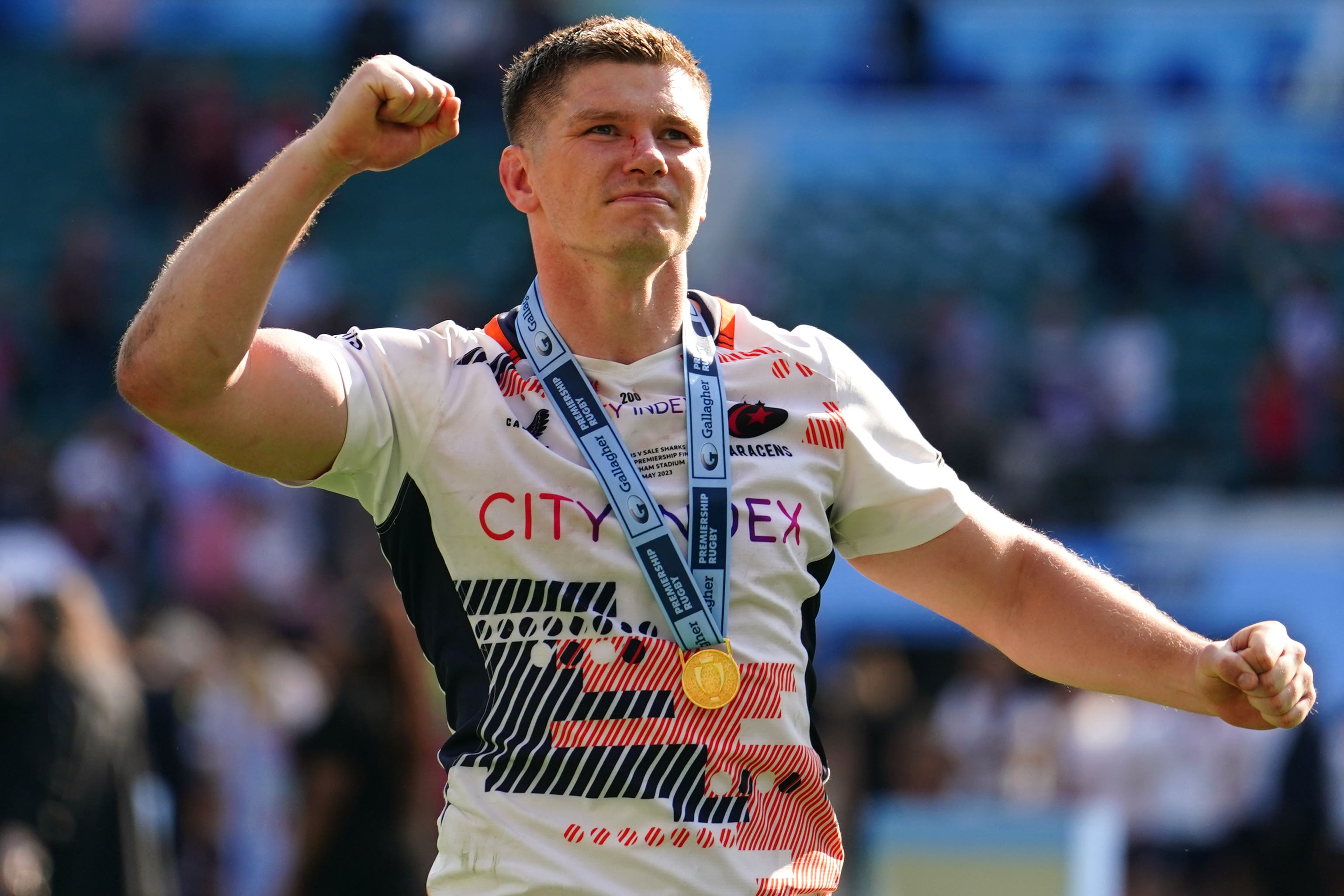 Owen Farrell celebrates Saracens’ Gallagher Premiership title (David Davies/PA)