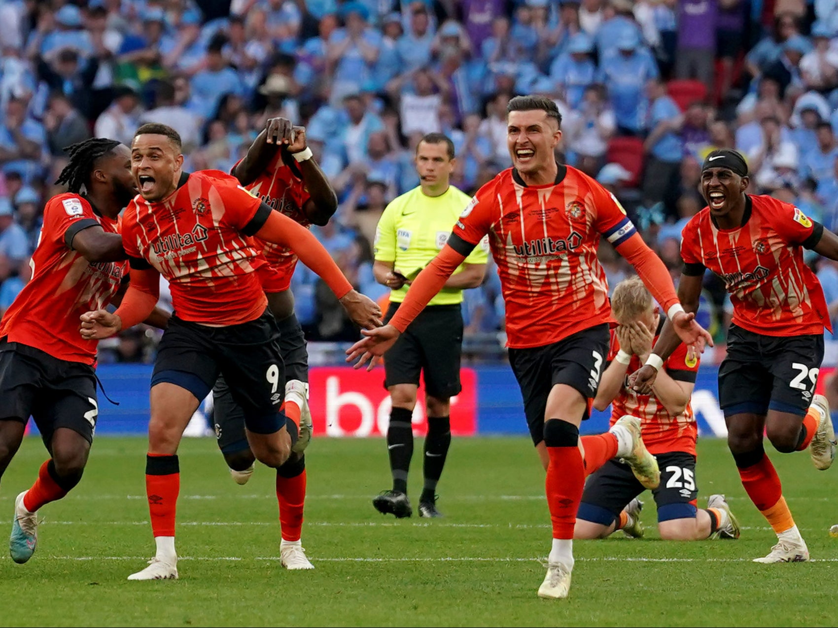 Luton celebrate their dramatic play-off final win