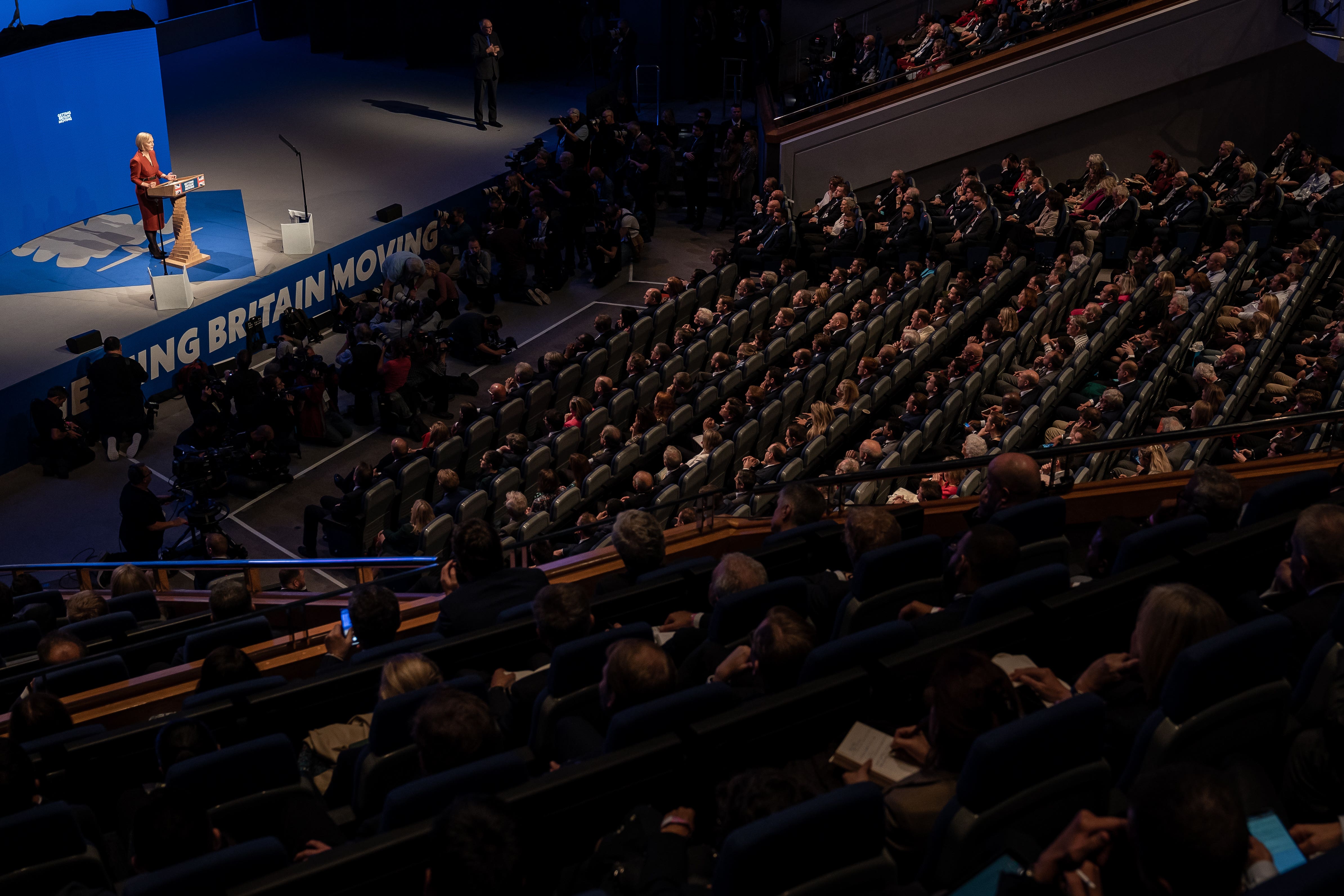 Liz Truss delivering her keynote speech at the Conservative Party annual conference (PA)