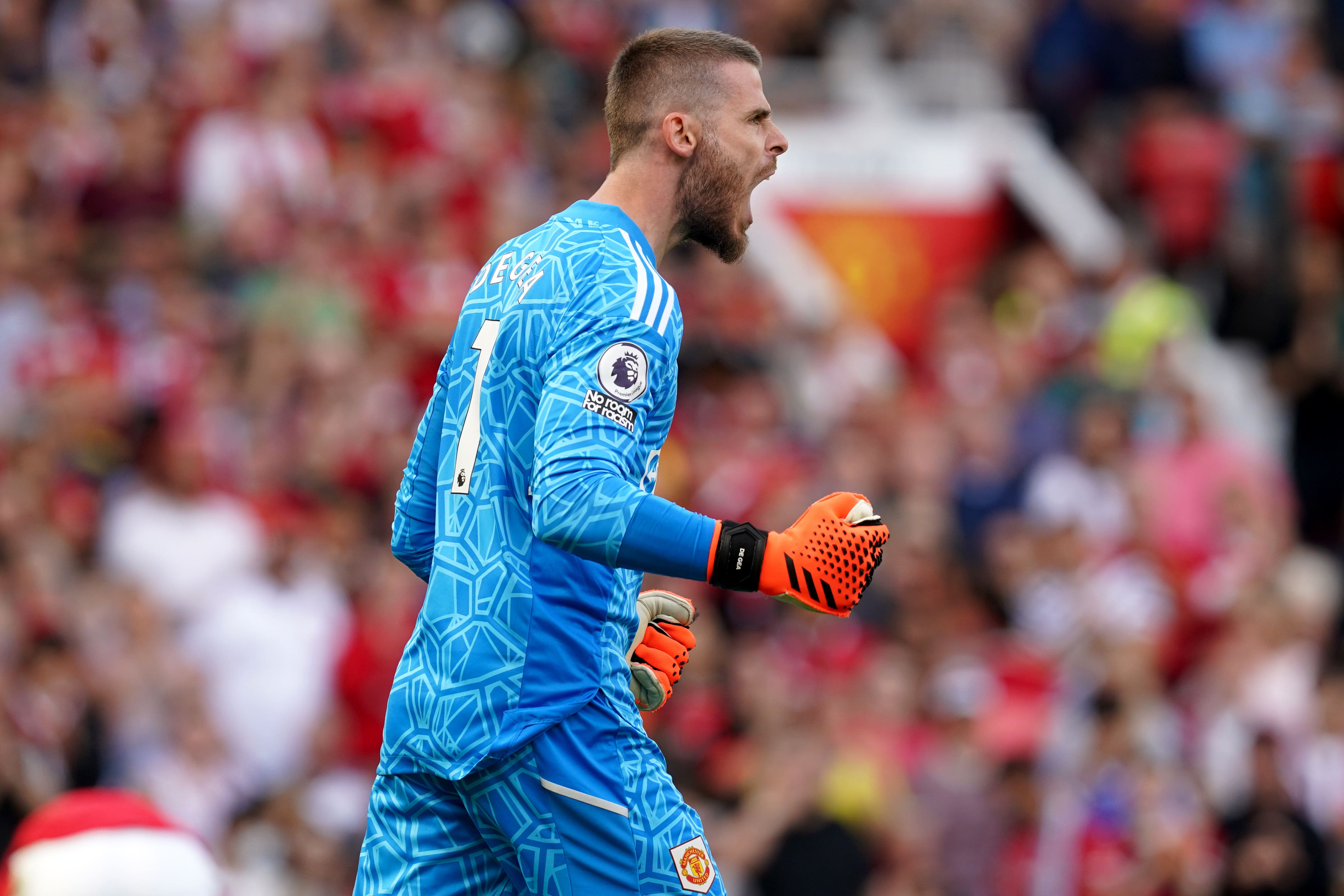 David De Gea celebrates saving a penalty on Sunday (Martin Rickett/PA)