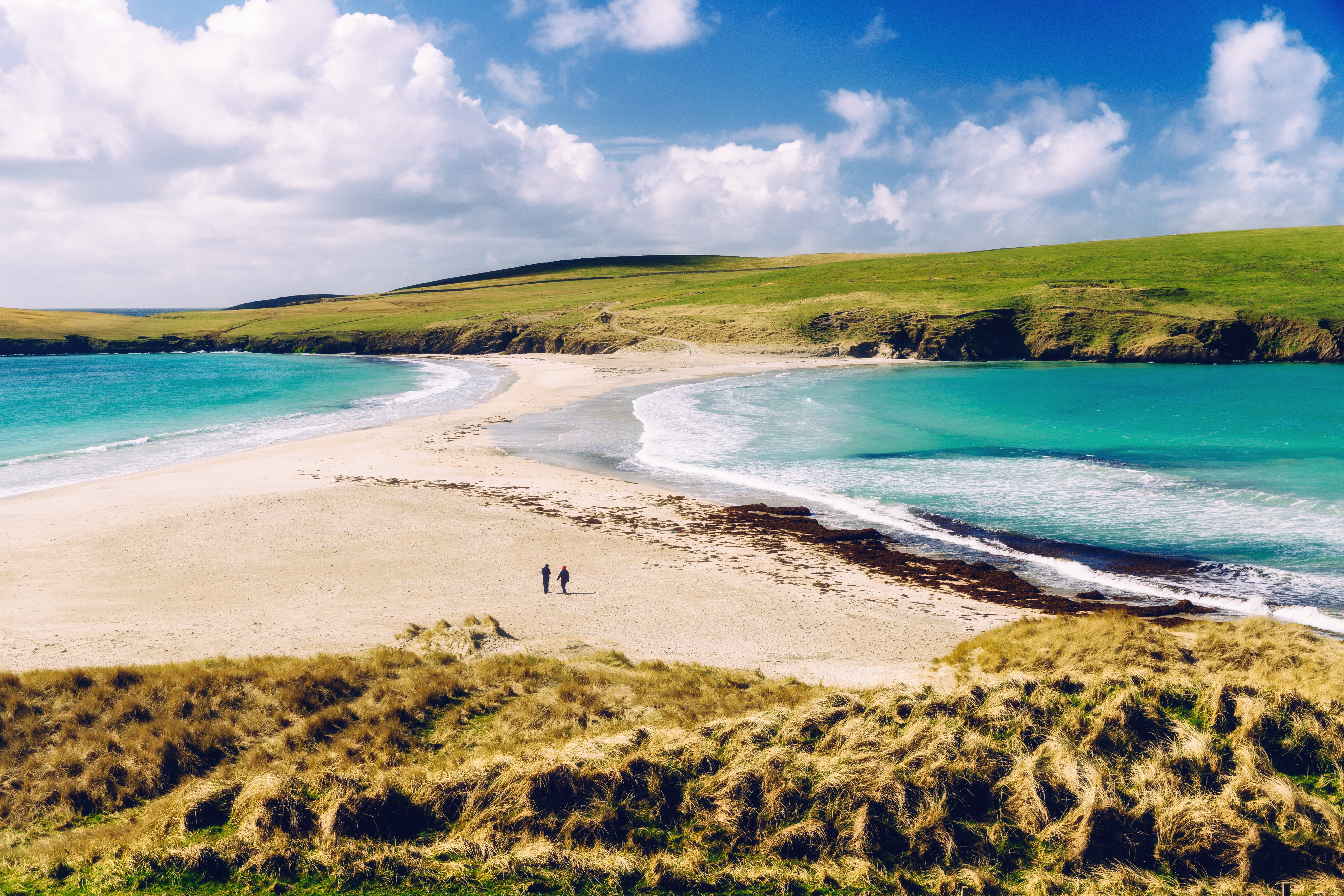 A tombolo sand bar connects St Ninian’s Island to the mainland