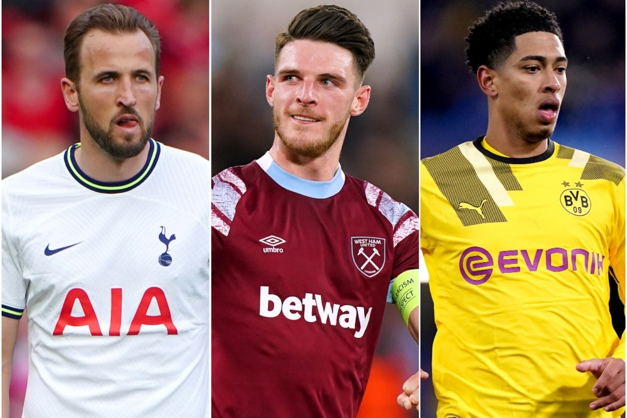 Harry Kane (left), Declan Rice (centre) and Jude Bellingham (Peter Byrne/Mike Egerton/John Walton/PA)