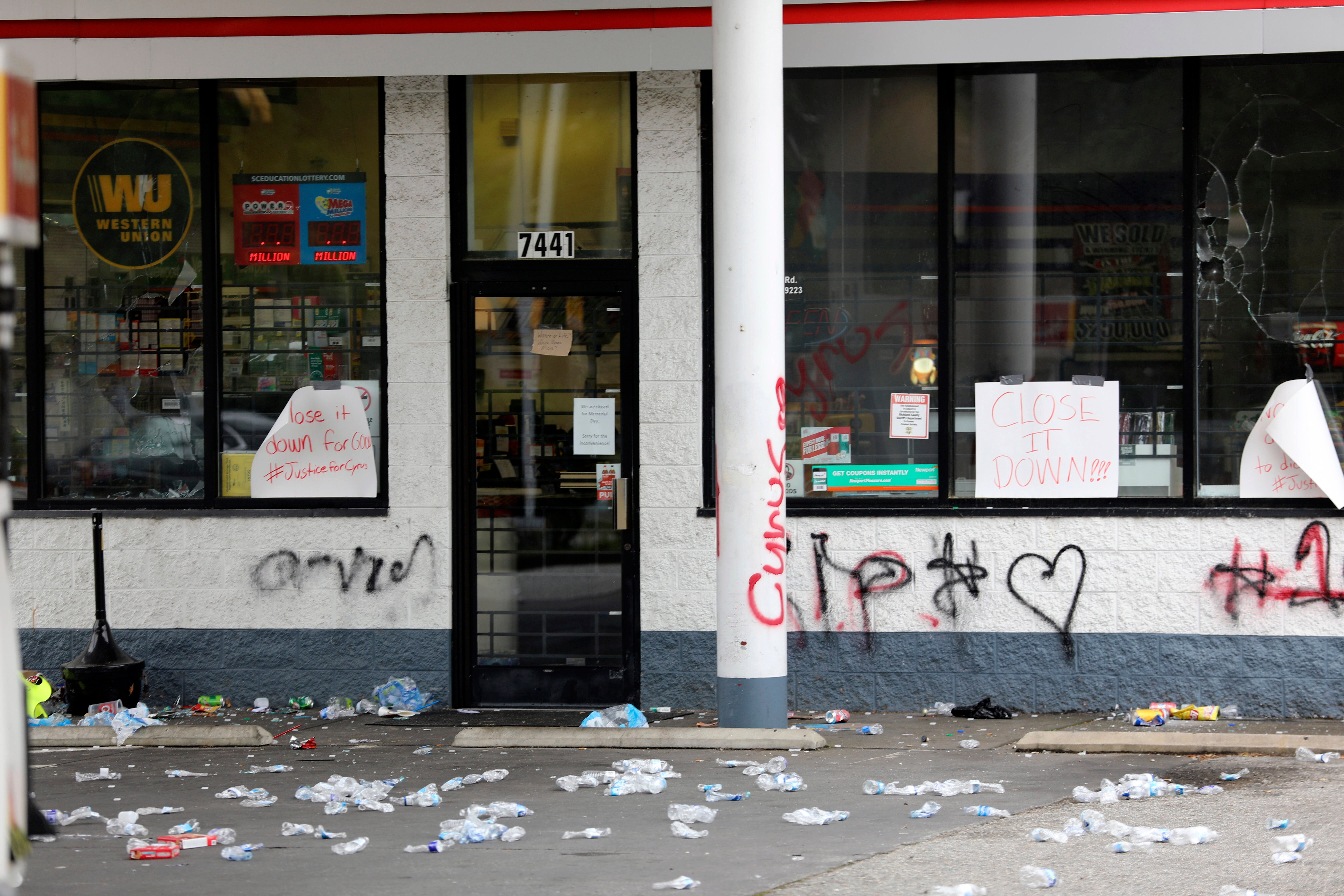 A South Carolina Shell station was vandalised after the owner shot dead a 14-year-old boy on Sunday