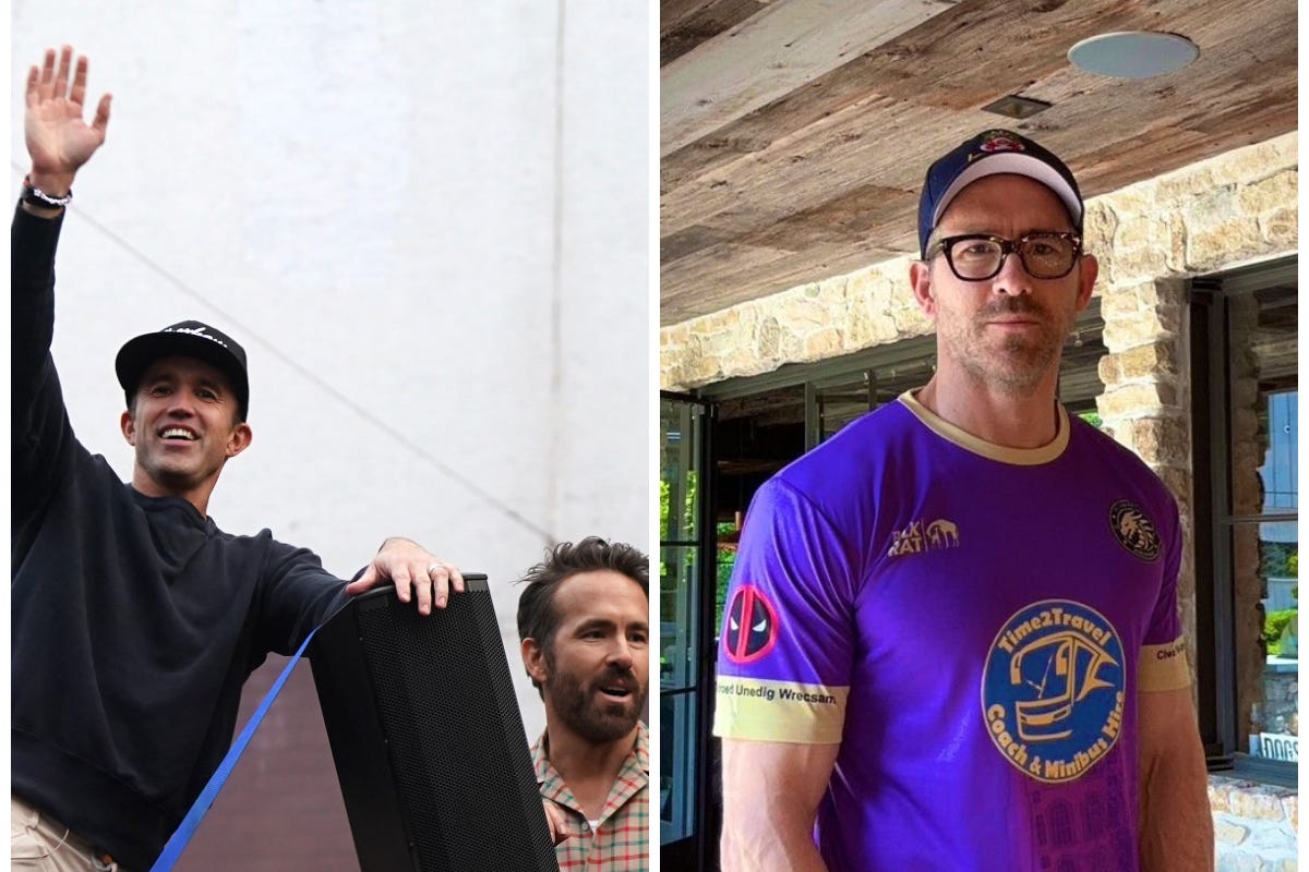 Rob McElhenney and Ryan Reynolds waving, next to an image of Ryan Reynolds wearing a t-shirt from FC United of Wrexham who he has lent support to on numerous occasions (Nick Pott/FC United of Wrexham/PA)