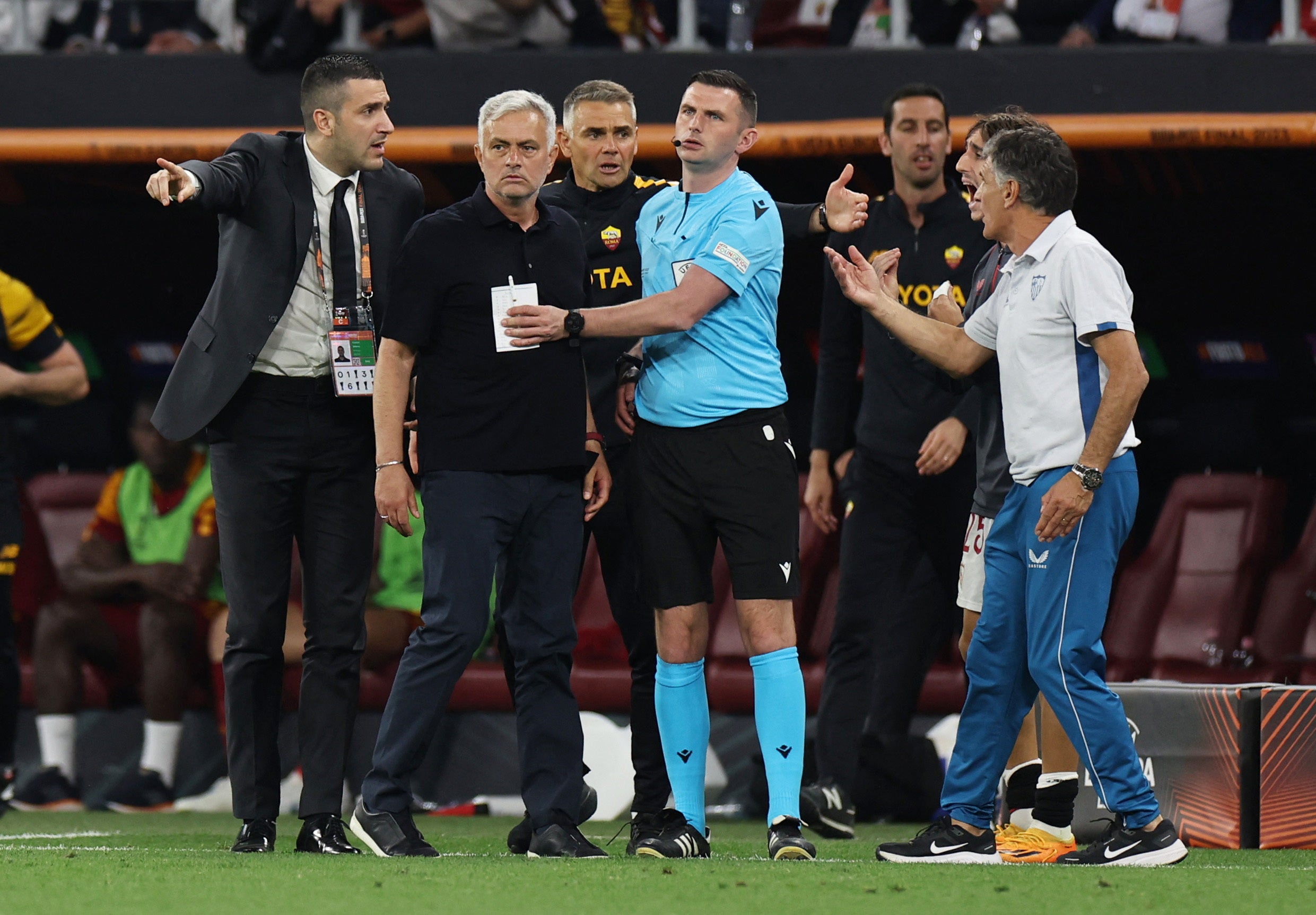 Jose Mourinho was booked for his pitchside antics