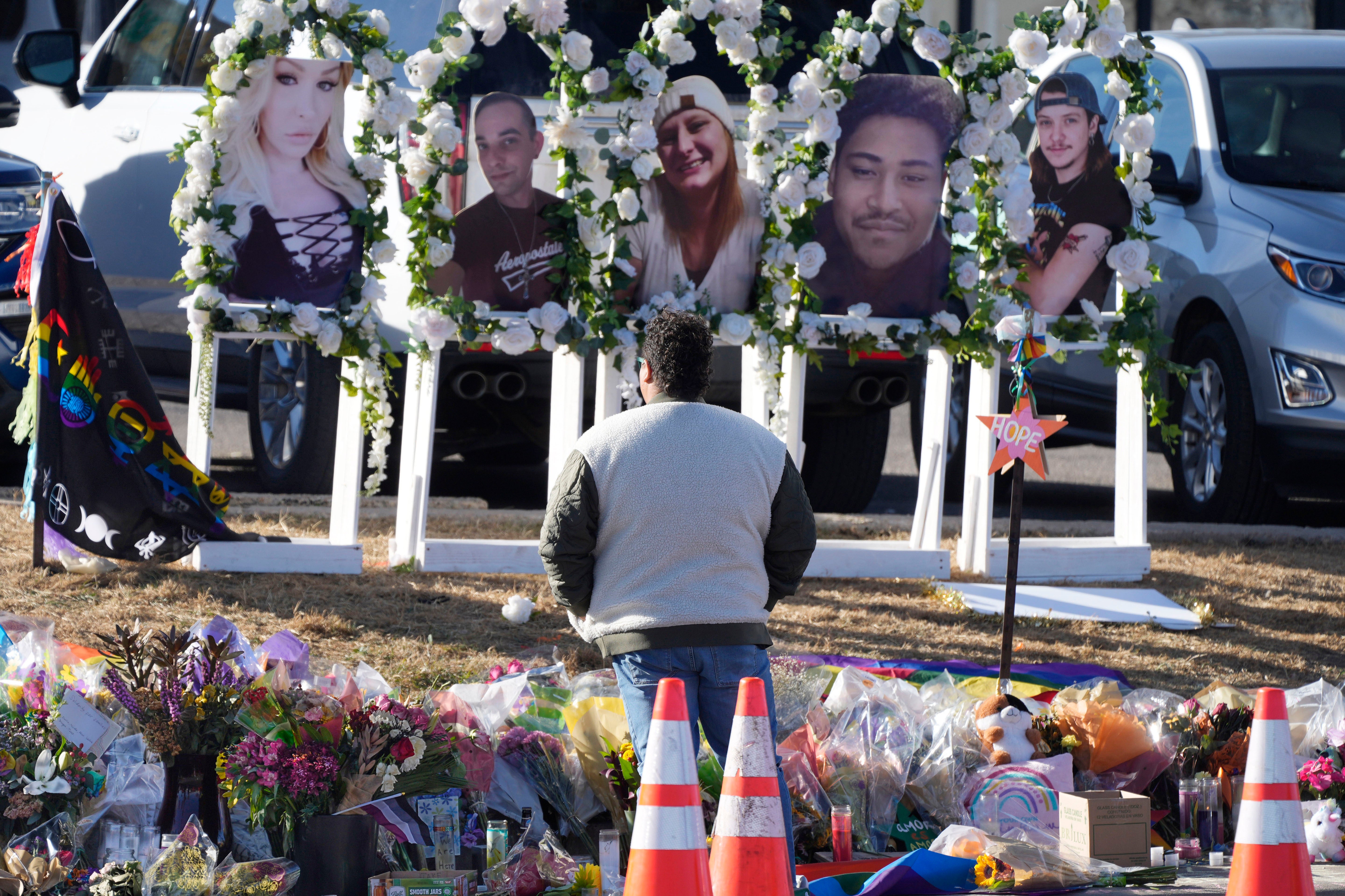 A makeshift memorial to Club Q victims was constructed in Colorado Springs following the November attack near the shooting site