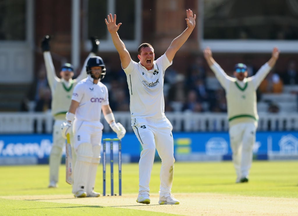 Graham Hume of Ireland appeals unsuccessfully for the wicket of Ben Duckett of England