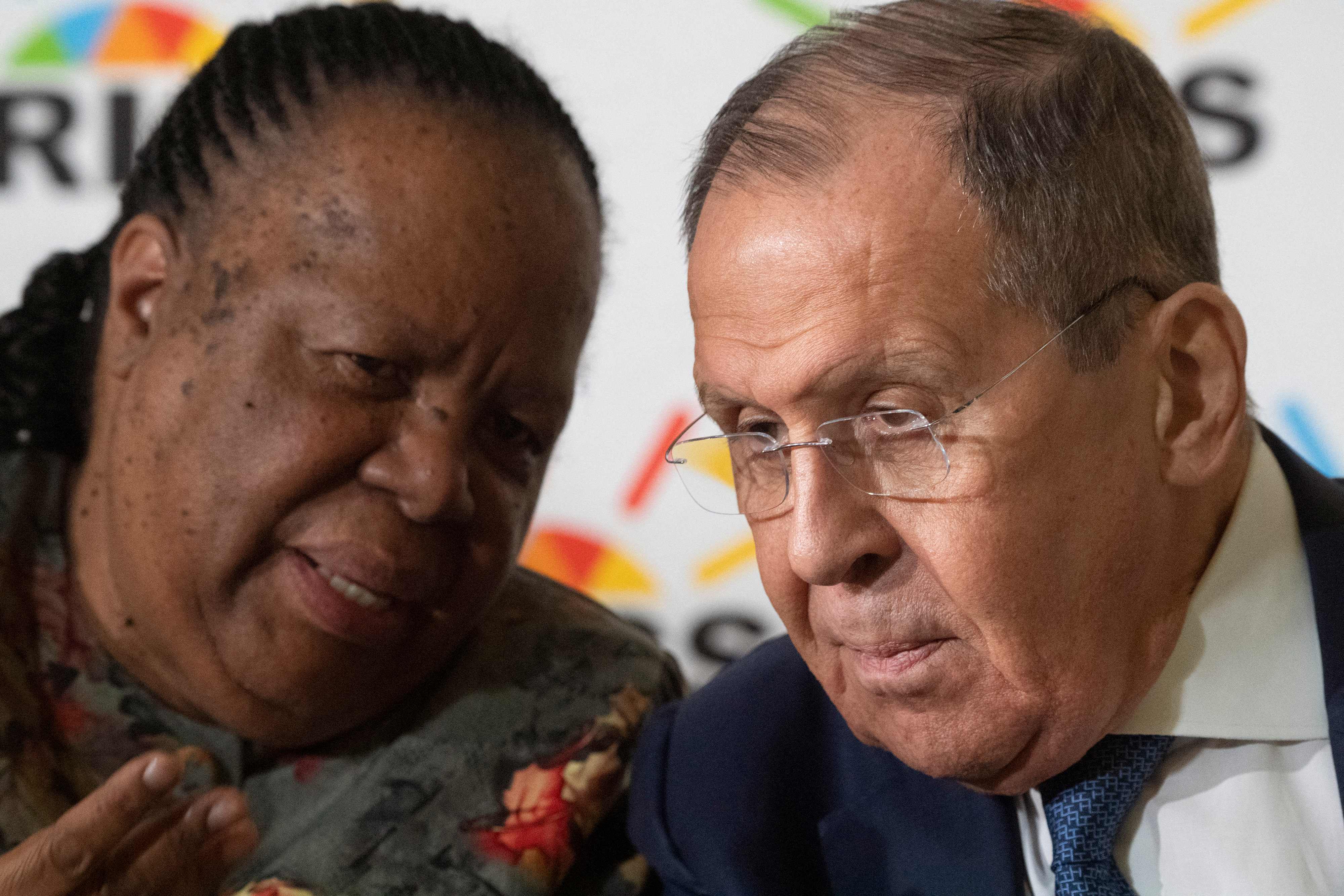 Naledi Pandor (left) and Sergei Lavrov are seen during a press conference at the Brics summit