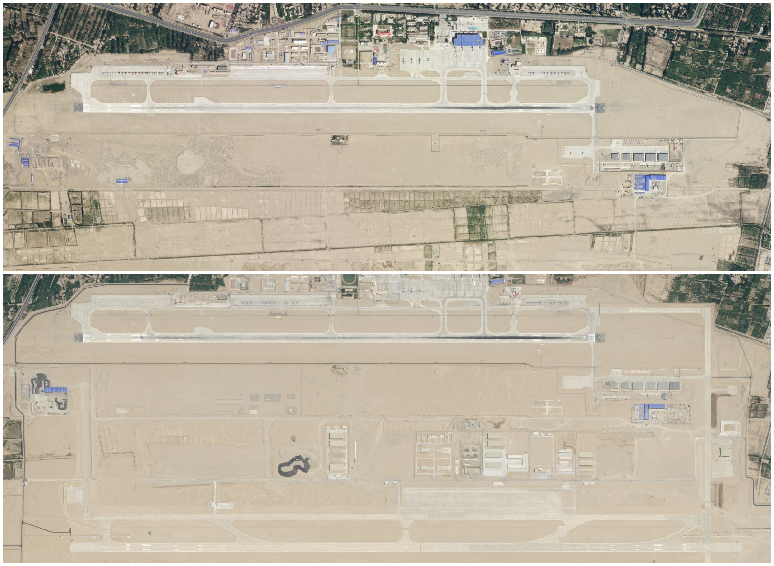 The Hotan airbase in southwest China in 2023, compared to the satellite image from 2023 that shows new constructions