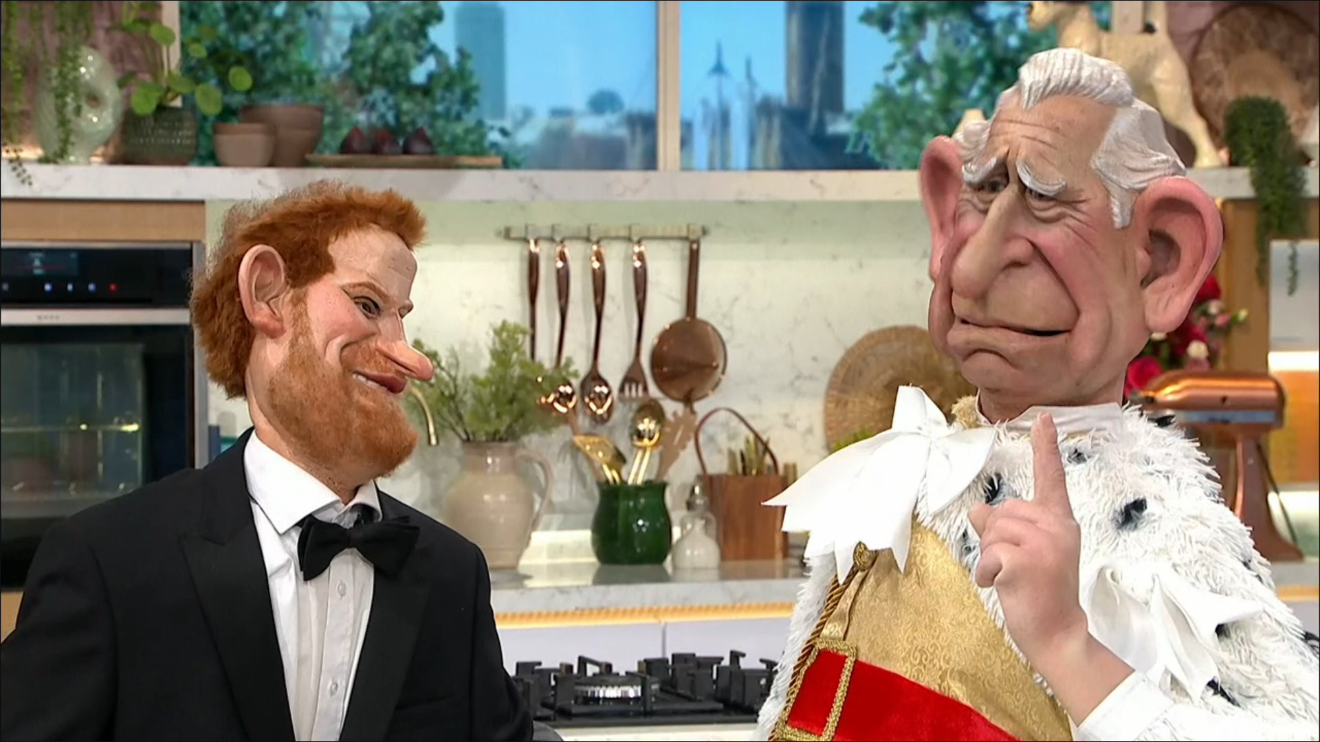 Spitting Image puppets of Prince Harry and King Charles III on This Morning