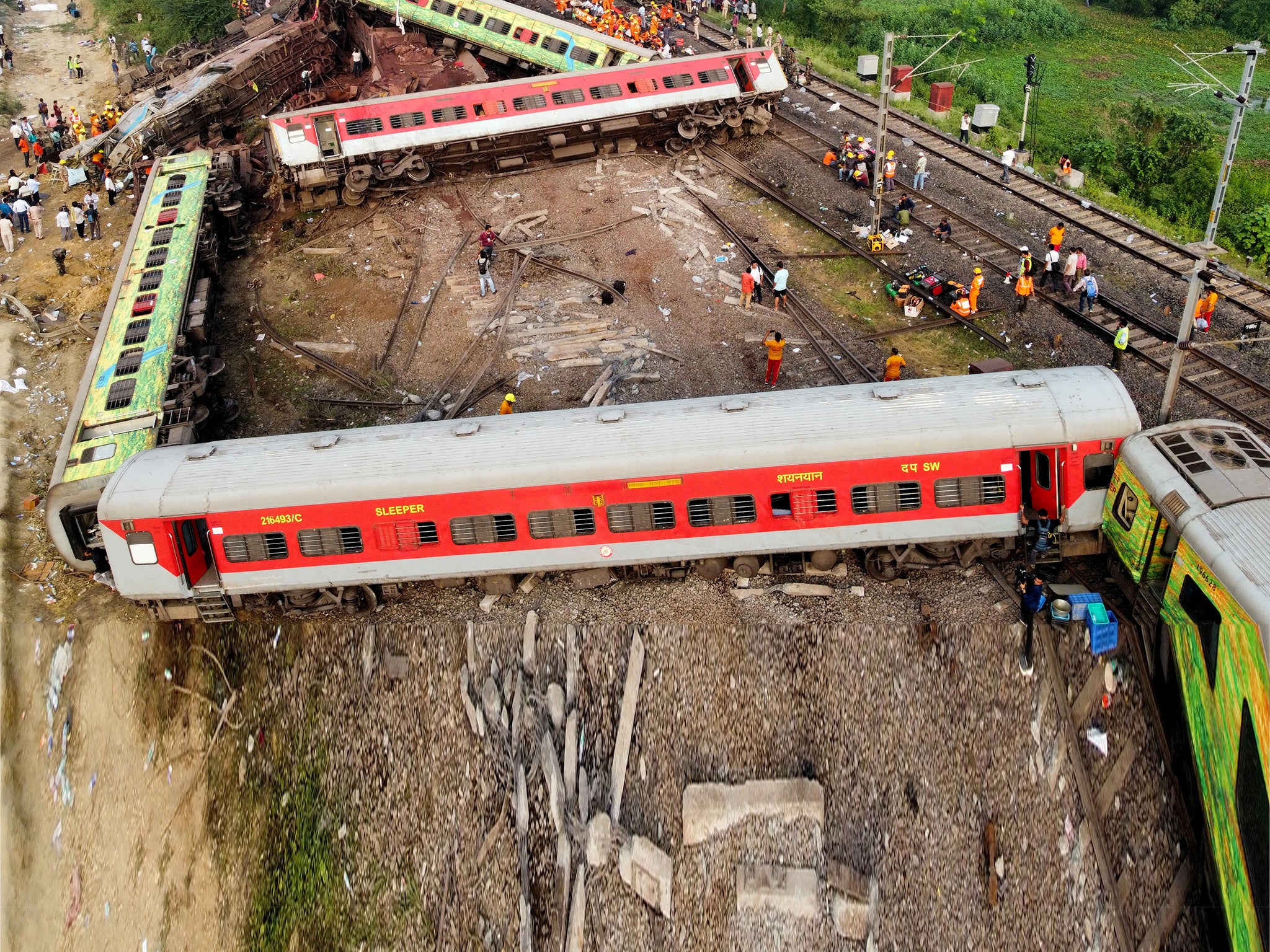 A drone view shows derailed coaches after two passenger trains collided in Balasore district in the eastern state of Odisha