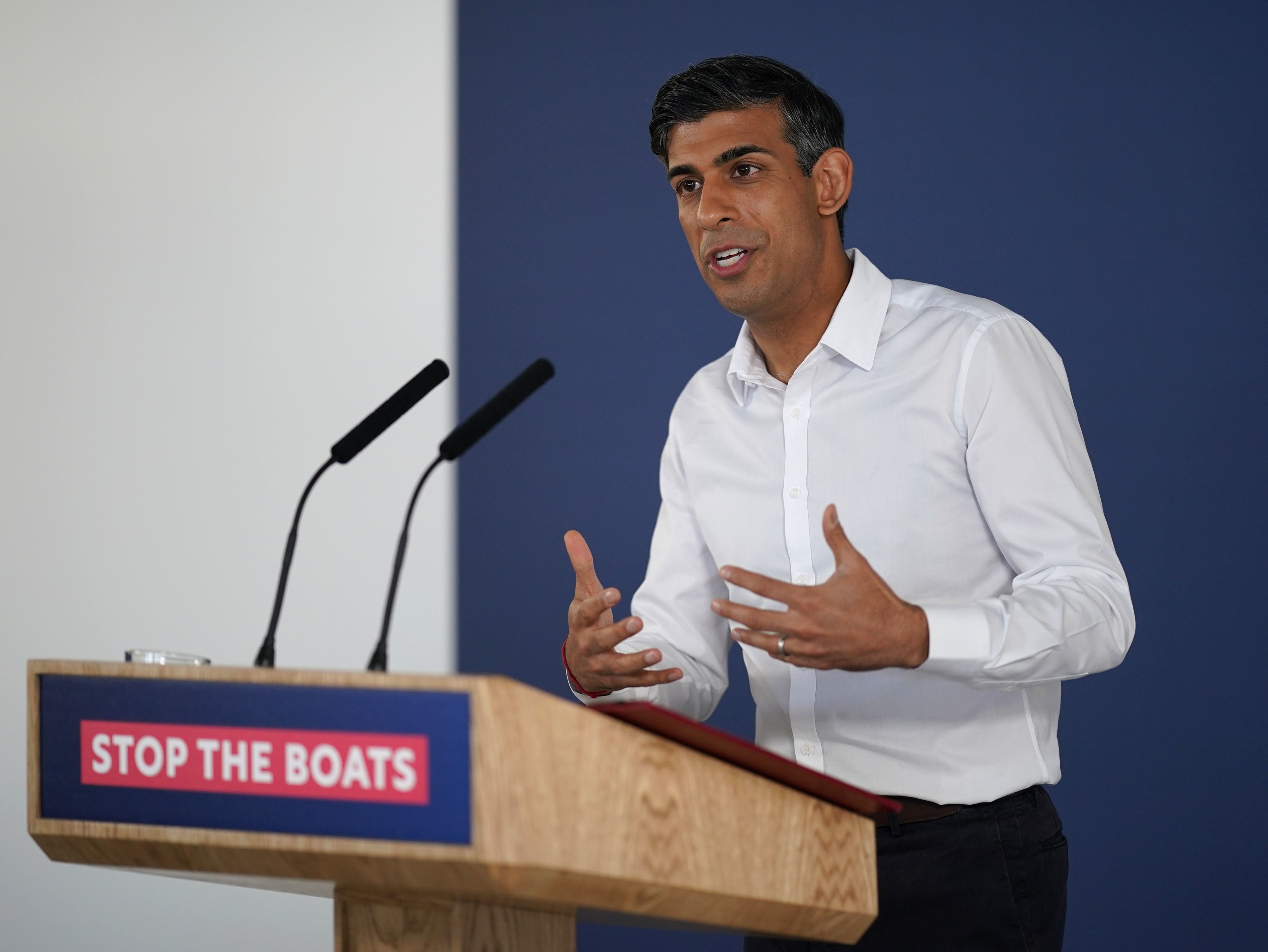 Prime Minister Rishi Sunak speaking during a press conference at Western Jet Foil in Dover, as he gives an update on the progress made in the six months since he introduced the Illegal Migration Bill under his plans to "stop the boats".