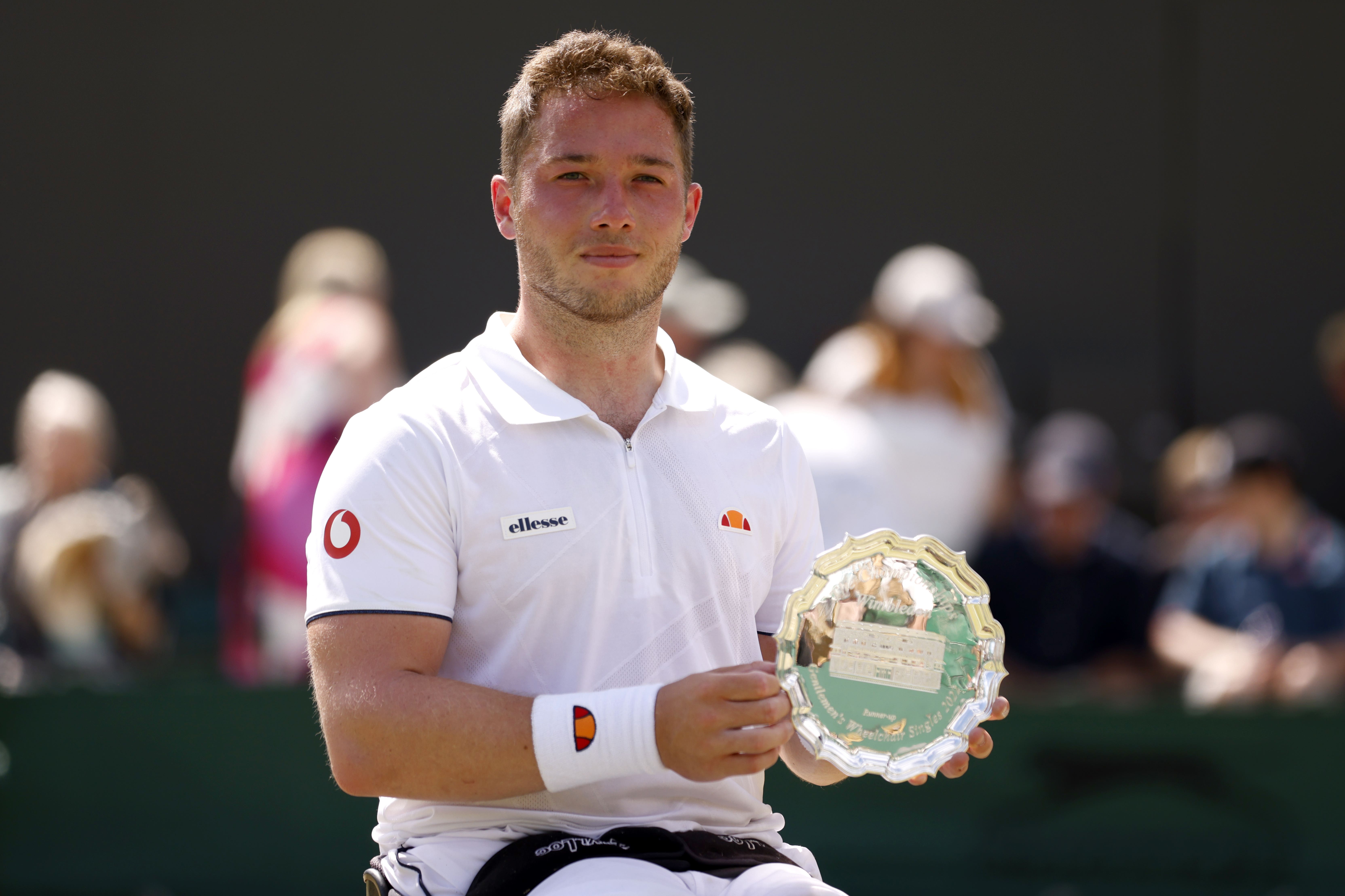 Alfie Hewett with his Wimbledon runners-up trophy in 2022 (Steven Paston/PA)