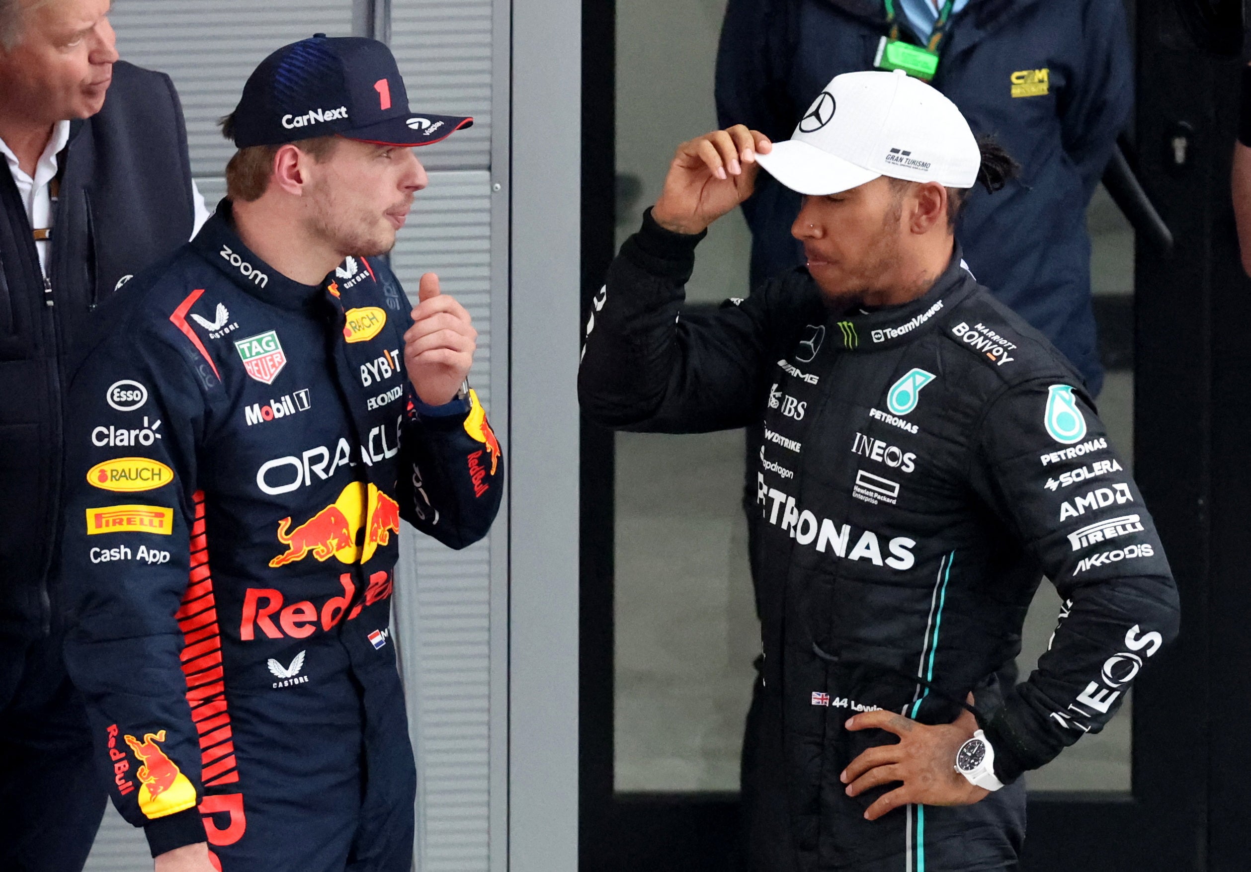 Max Verstappen and Lewis Hamilton talk at the Spanish Grand Prix