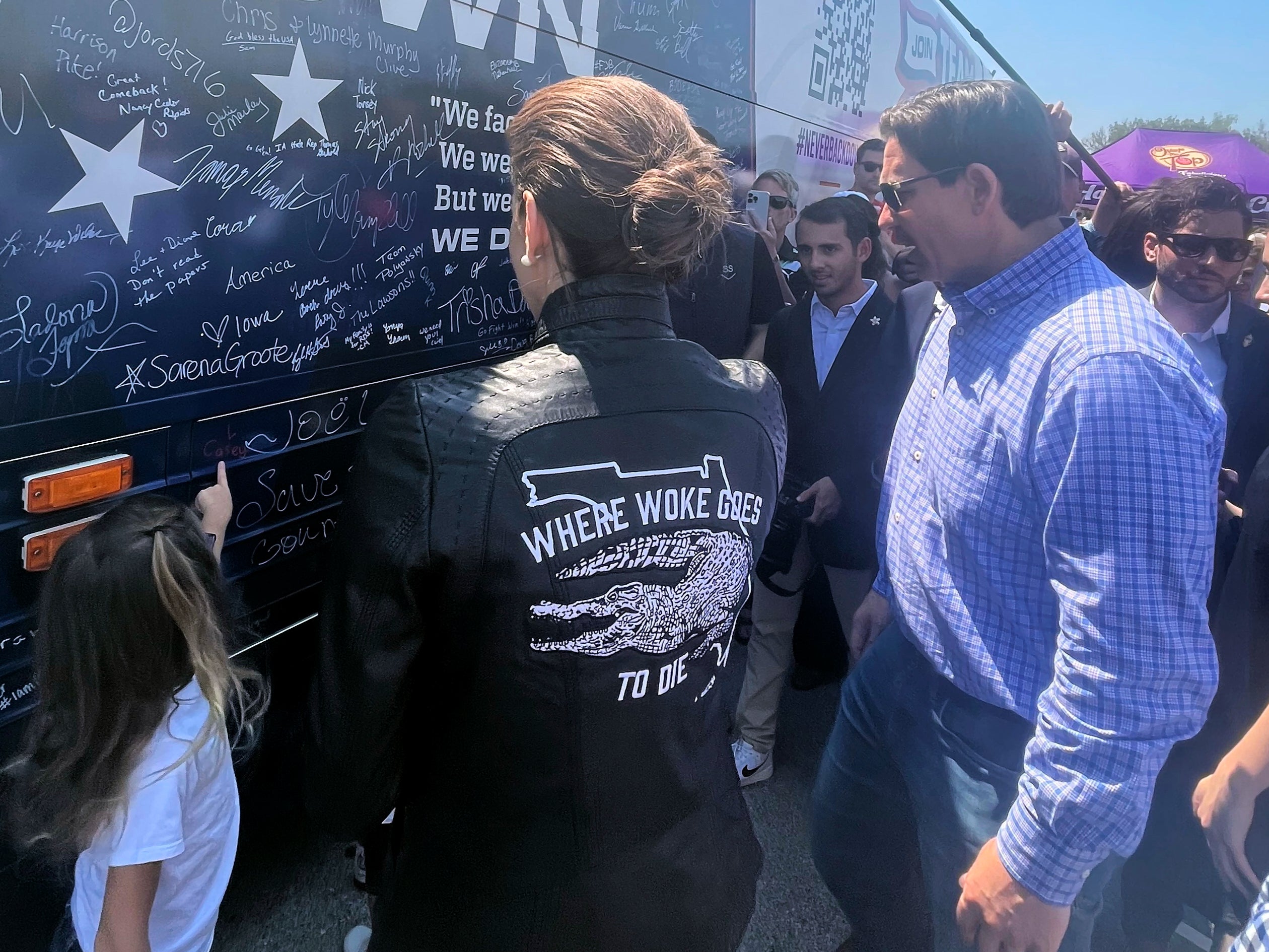 Casey DeSantis wearing her leather jacket advertising Florida as ‘where woke goes to die’