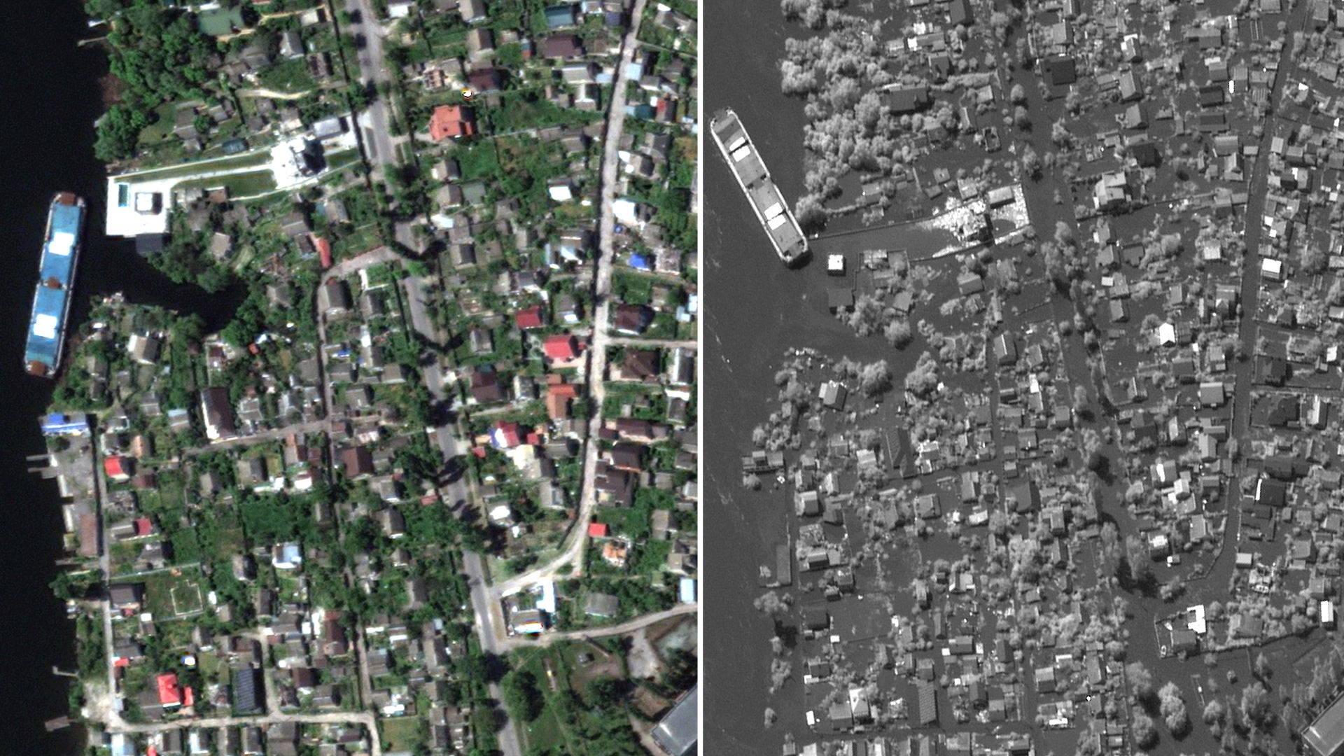 Before and after images of flooded homes along the Dnipro (location: 46.604, 32.571)