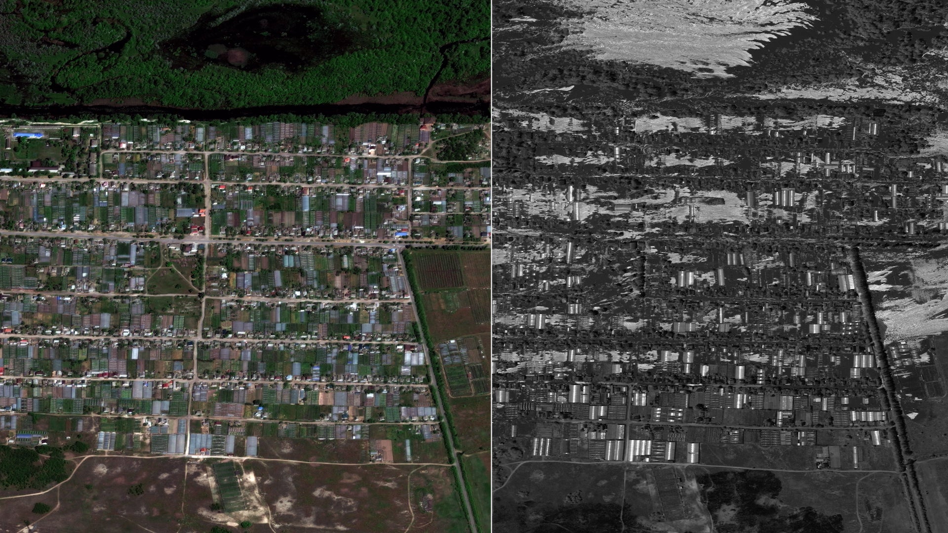 Images show flooded homes and farms in Korsunka