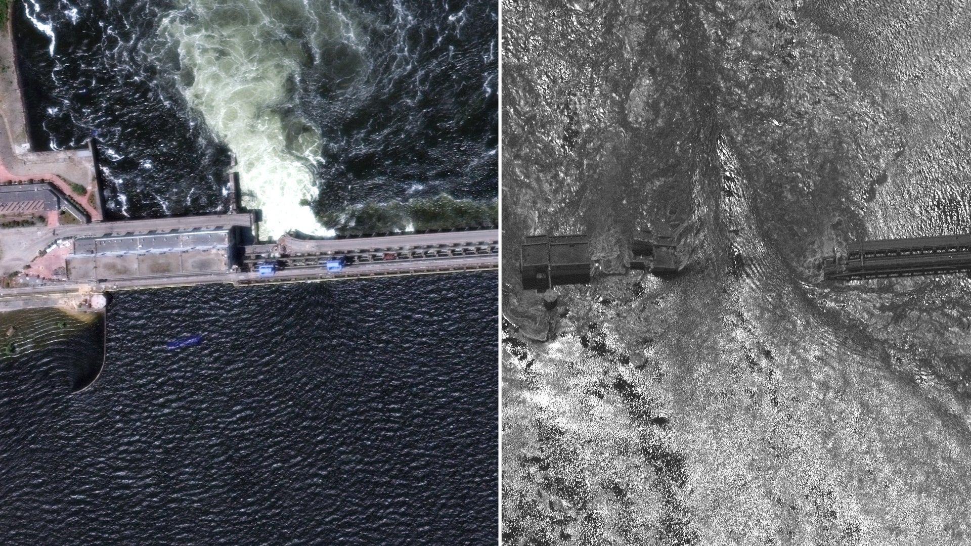 The before and after close-up views of Nova Kakhovka dam and hydroelectric power facility